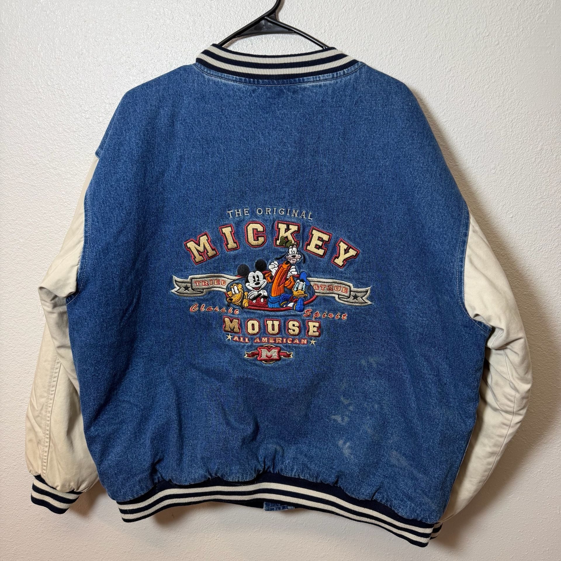 Vintage Disney Mickey Mouse Denim Varsity Jacket Size L 1