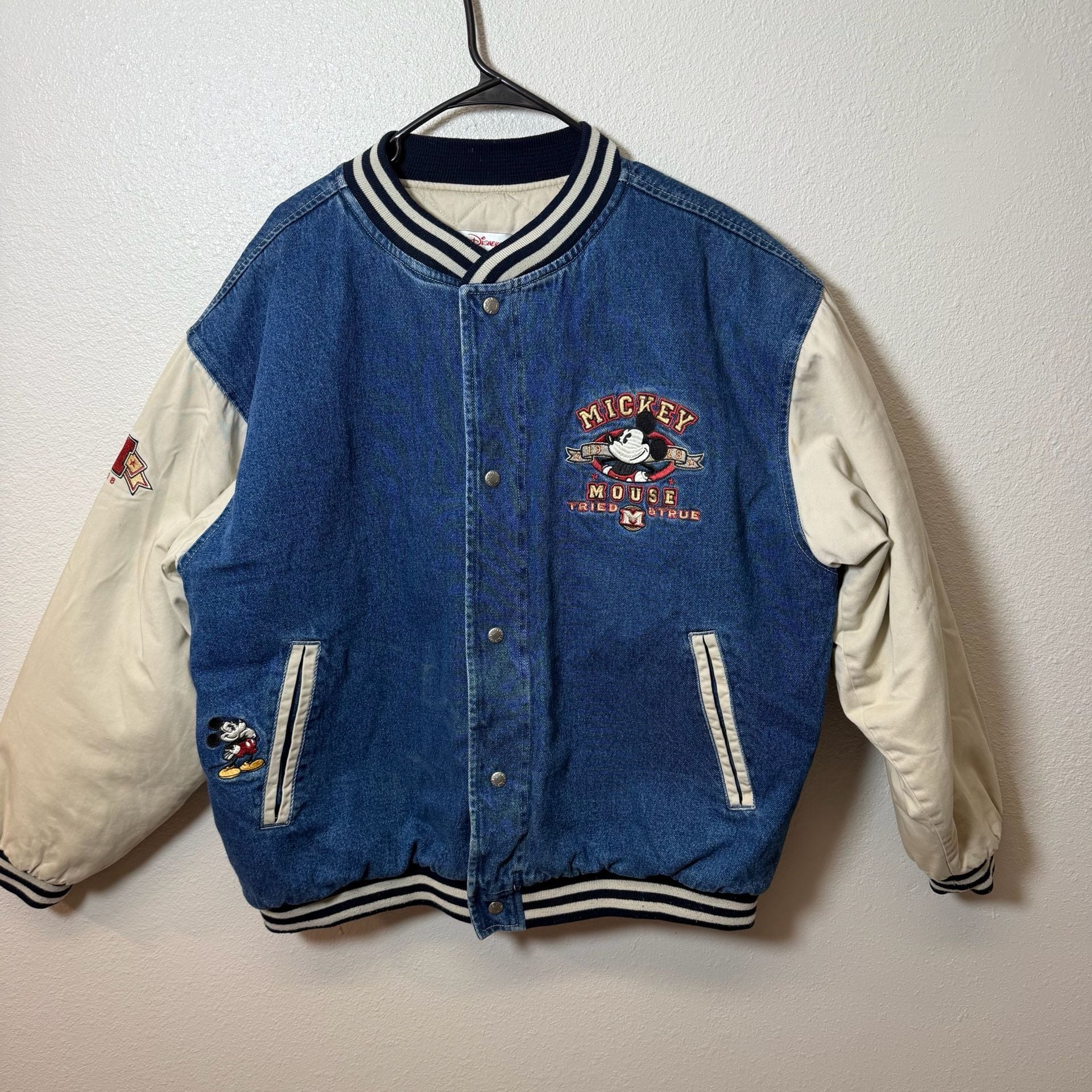 Vintage Disney Mickey Mouse Denim Varsity Jacket Size L 3