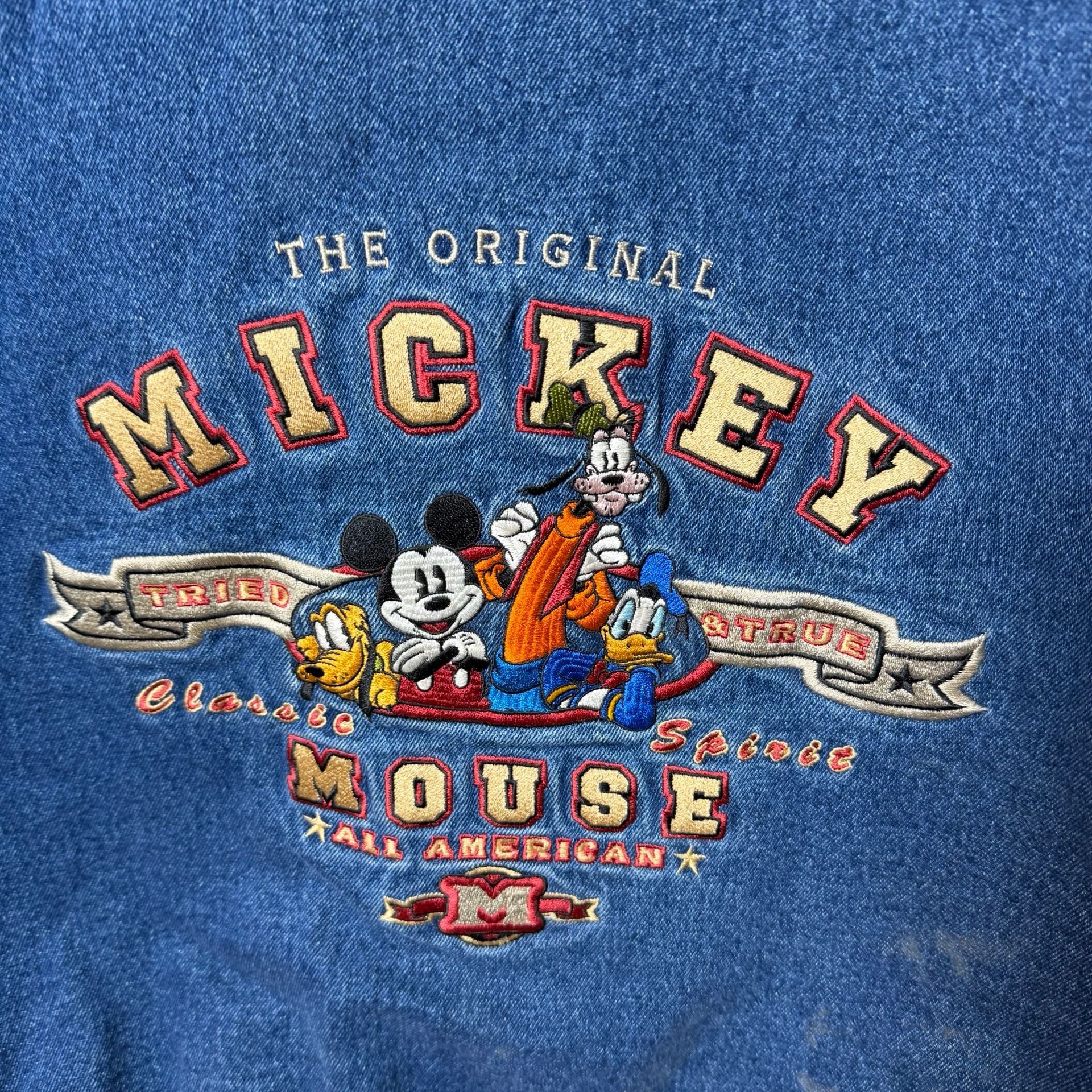 Vintage Disney Mickey Mouse Denim Varsity Jacket Size L 10