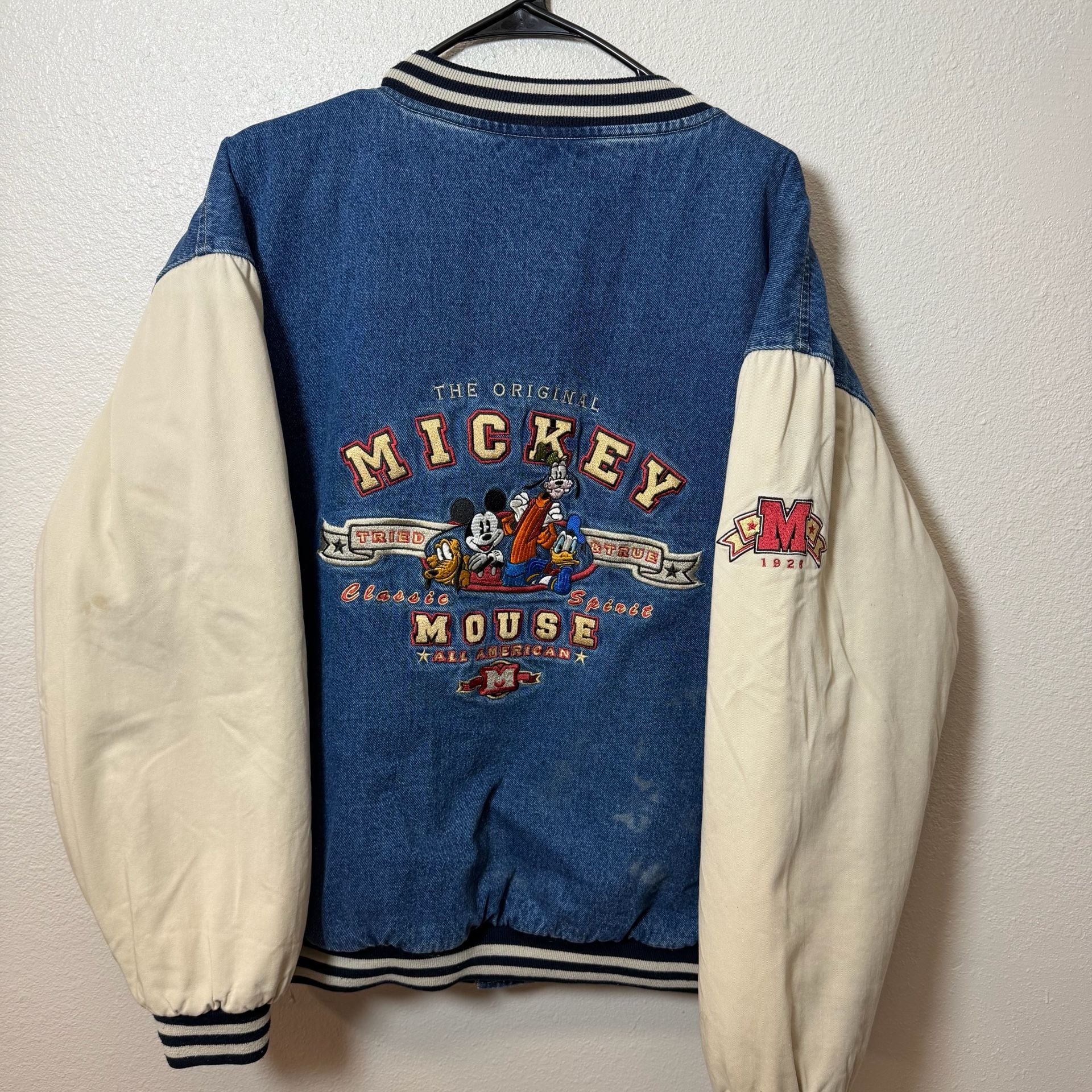 Vintage Disney Mickey Mouse Denim Varsity Jacket Size L 11