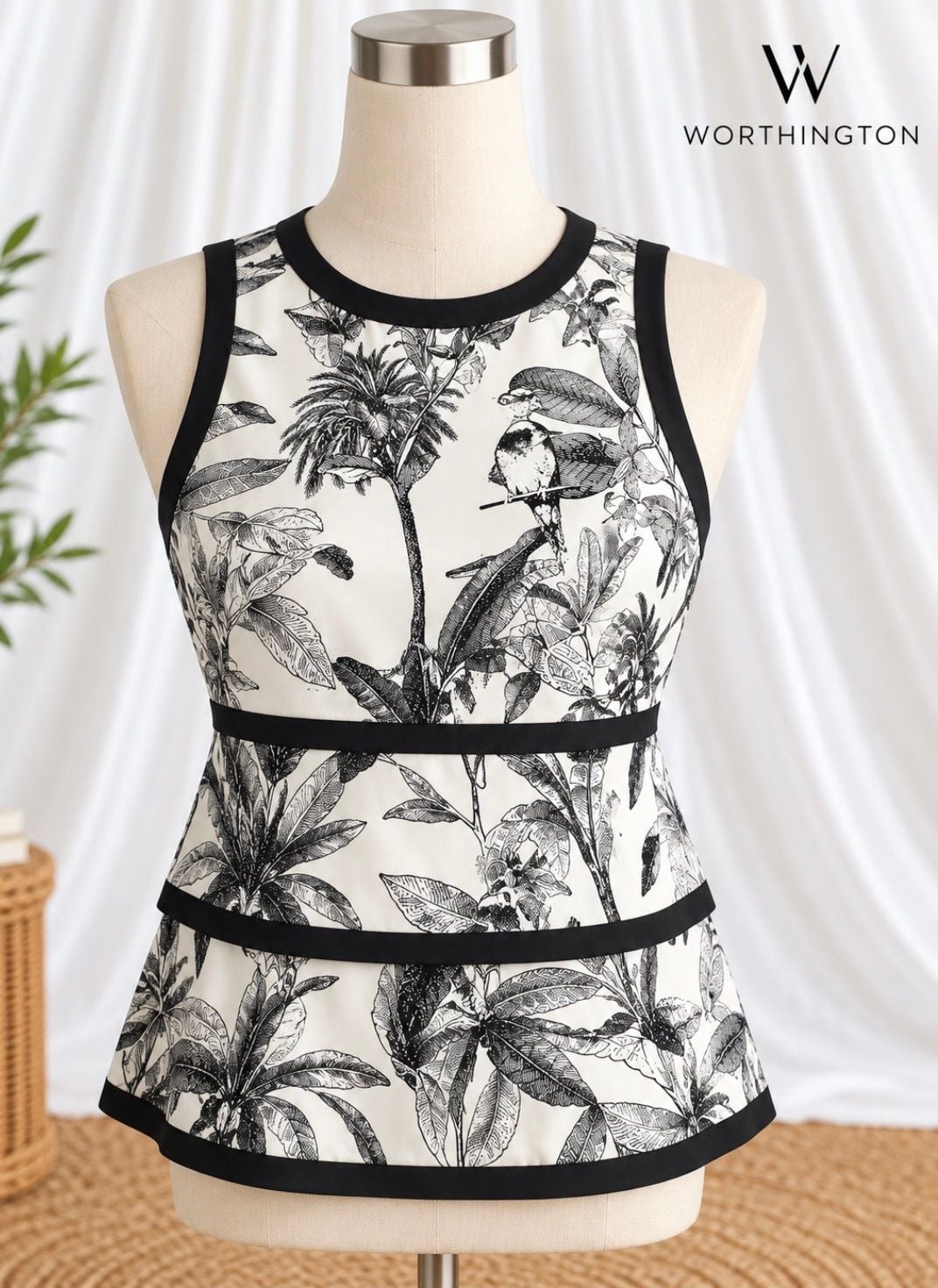 Worthington Tropical Bird Print Peplum Top L Black White Sleeveless Botanical 2