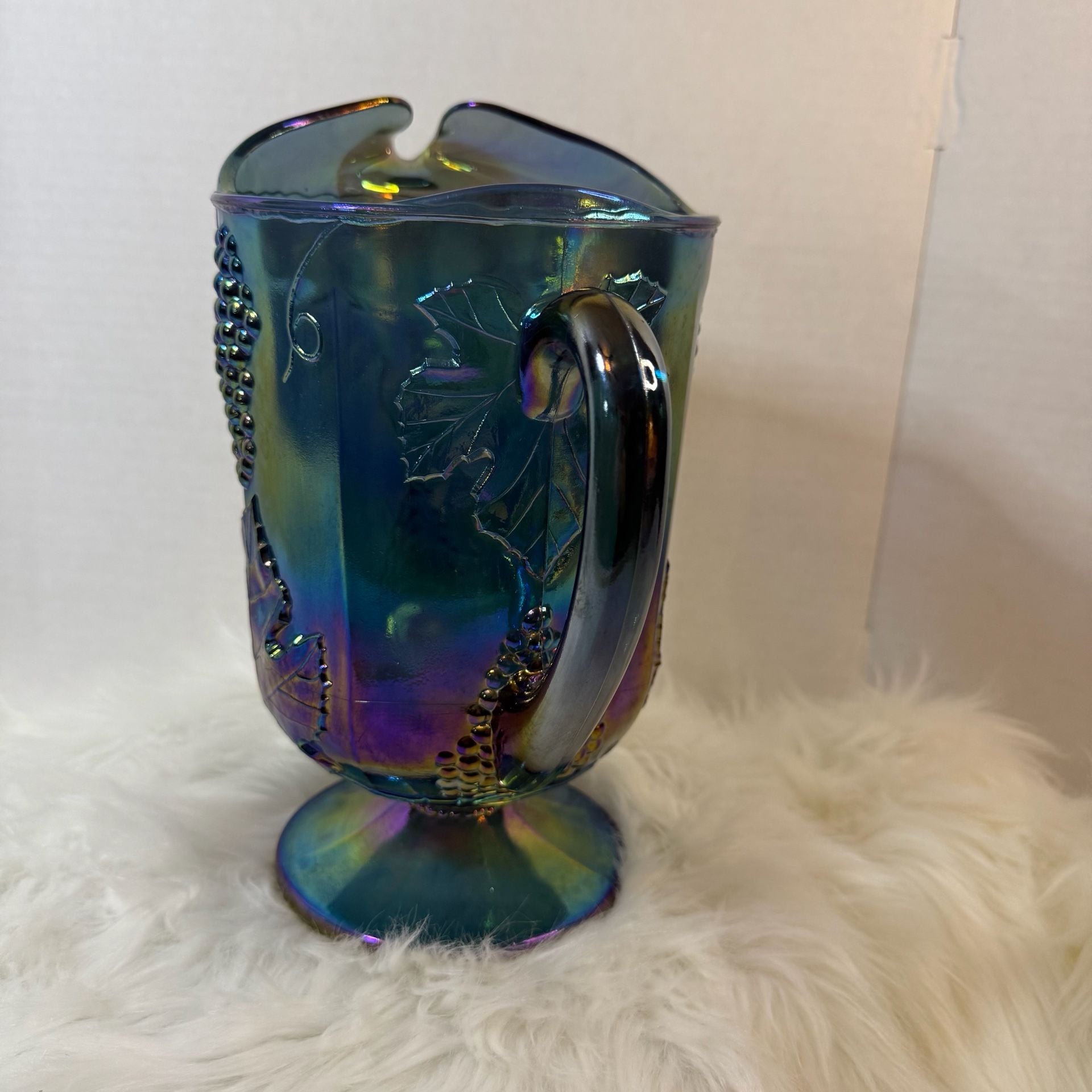 Imperial Glass Vintage Blue Carnival Glass Grape And Leaves Pitcher 2