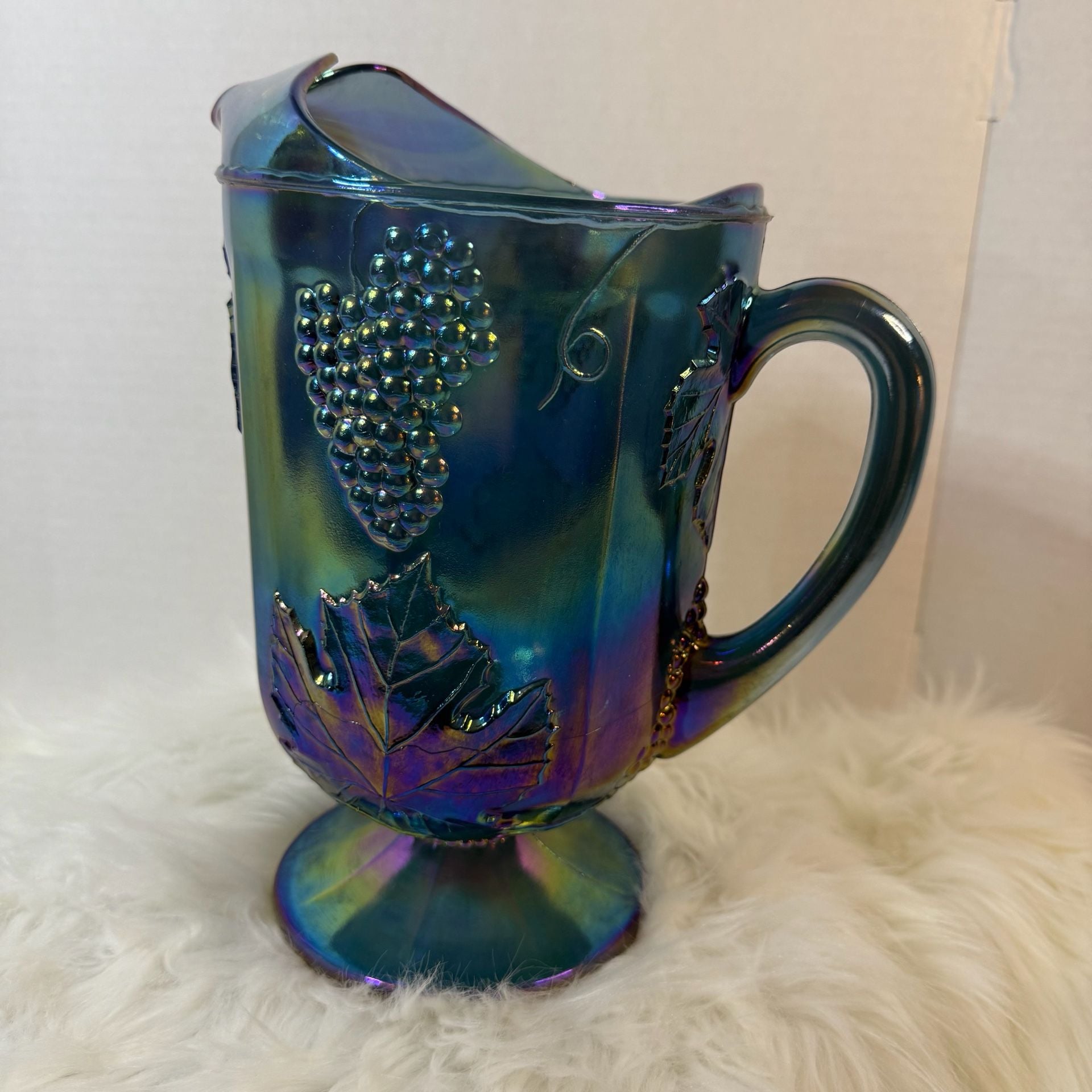 Imperial Glass Vintage Blue Carnival Glass Grape And Leaves Pitcher 3