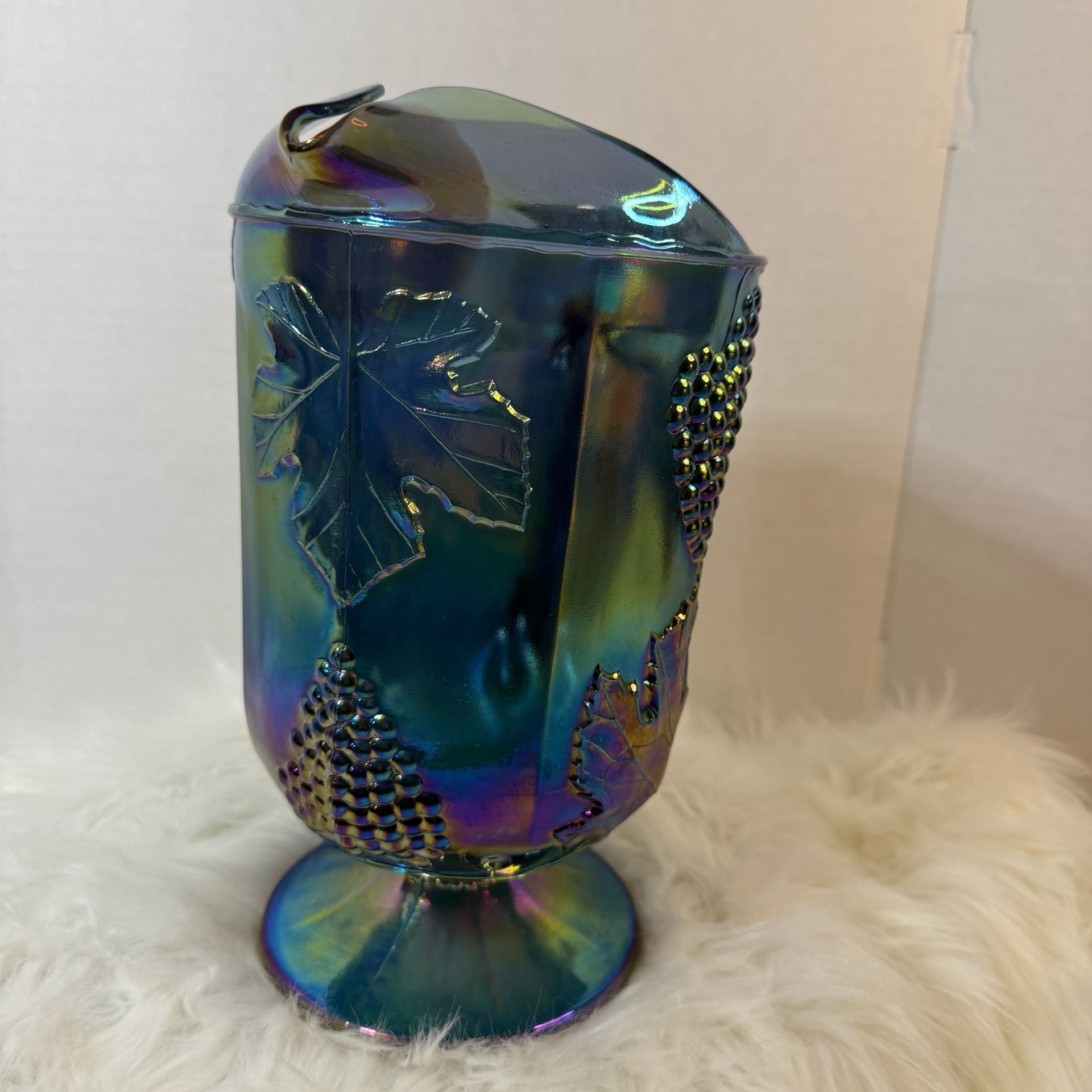 Imperial Glass Vintage Blue Carnival Glass Grape And Leaves Pitcher 4