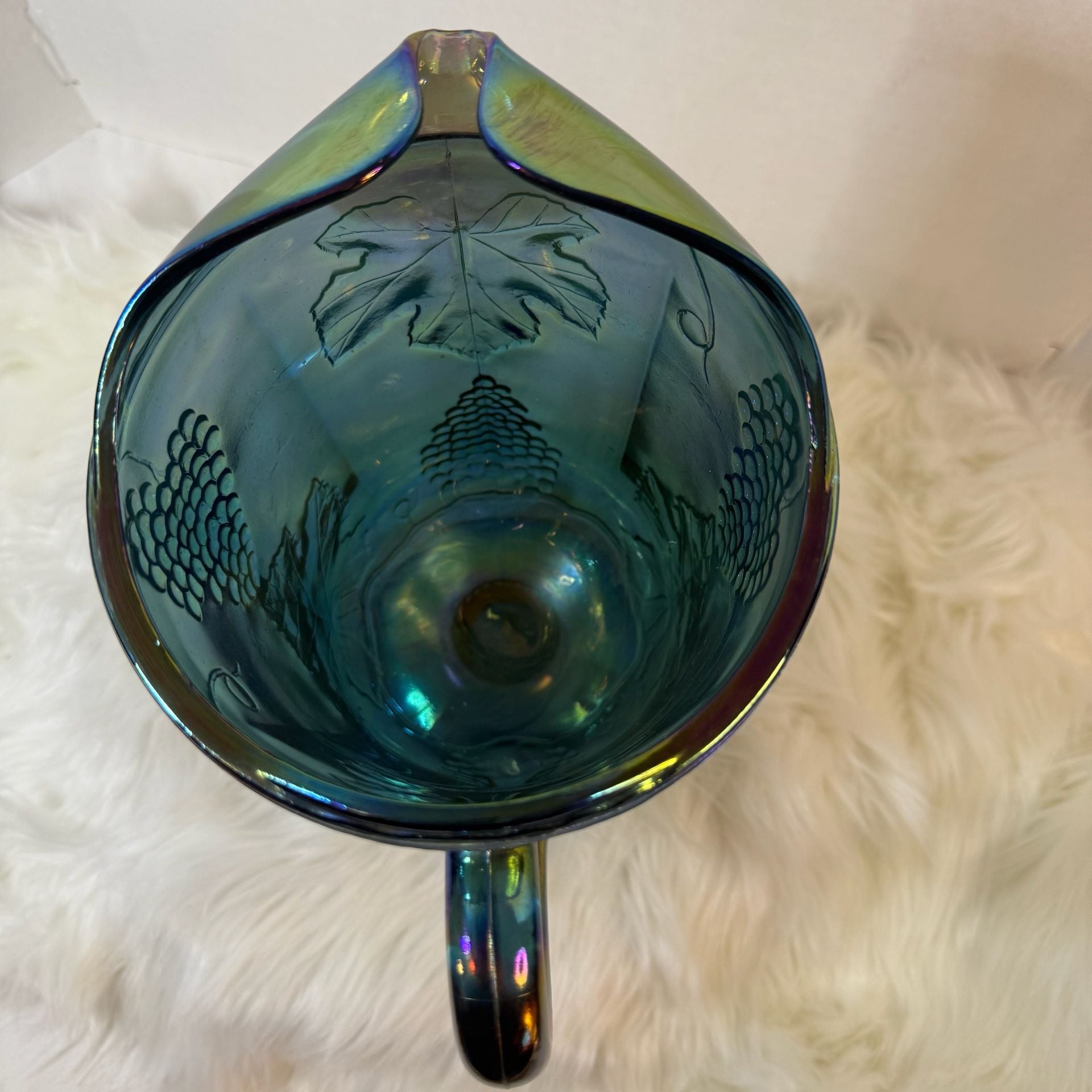 Imperial Glass Vintage Blue Carnival Glass Grape And Leaves Pitcher 6