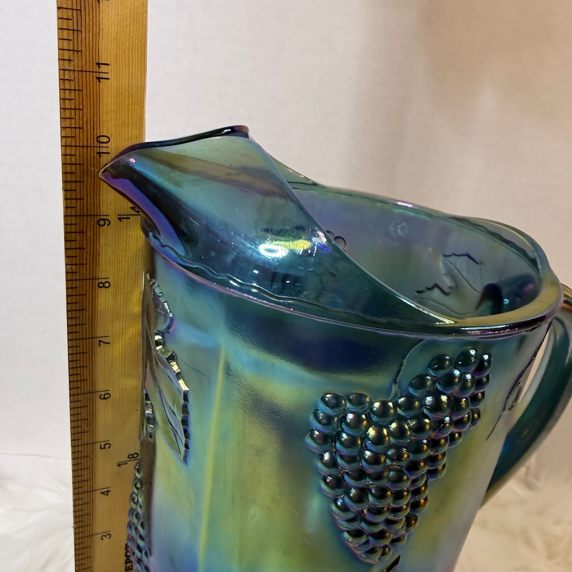 Imperial Glass Vintage Blue Carnival Glass Grape And Leaves Pitcher 8