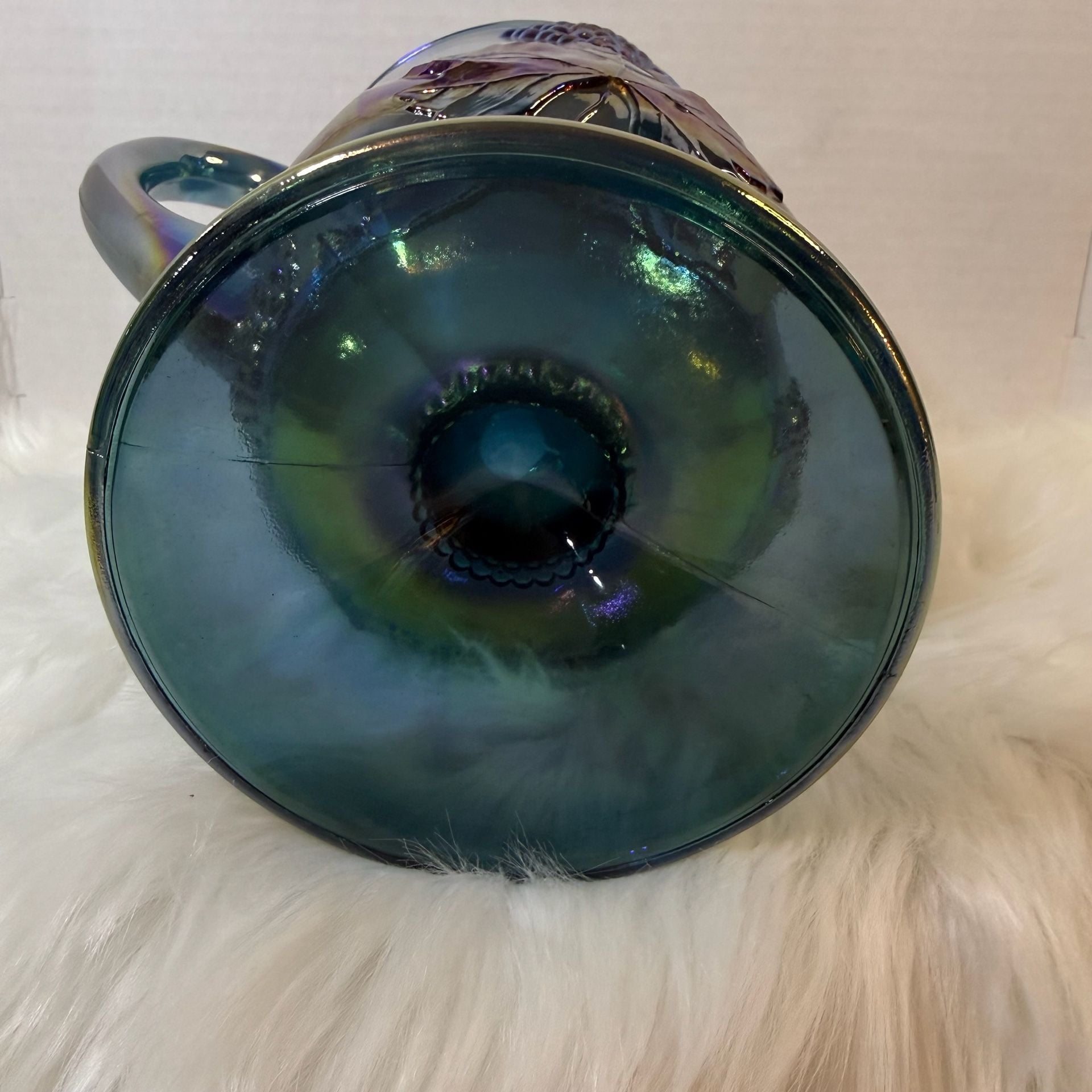 Imperial Glass Vintage Blue Carnival Glass Grape And Leaves Pitcher 9