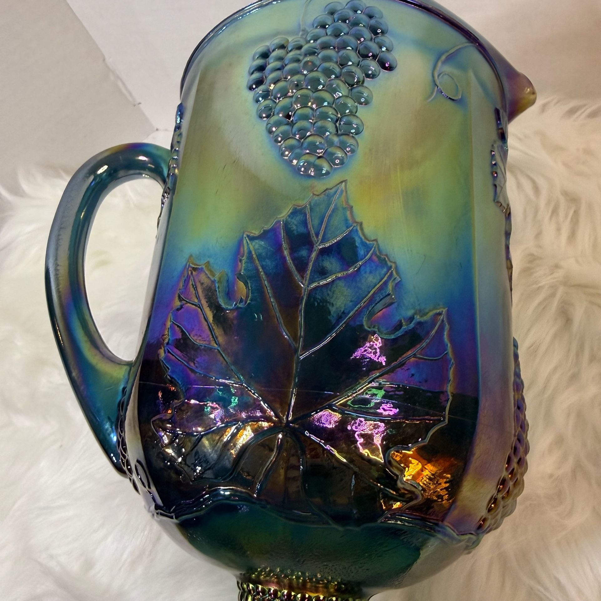 Imperial Glass Vintage Blue Carnival Glass Grape And Leaves Pitcher 10