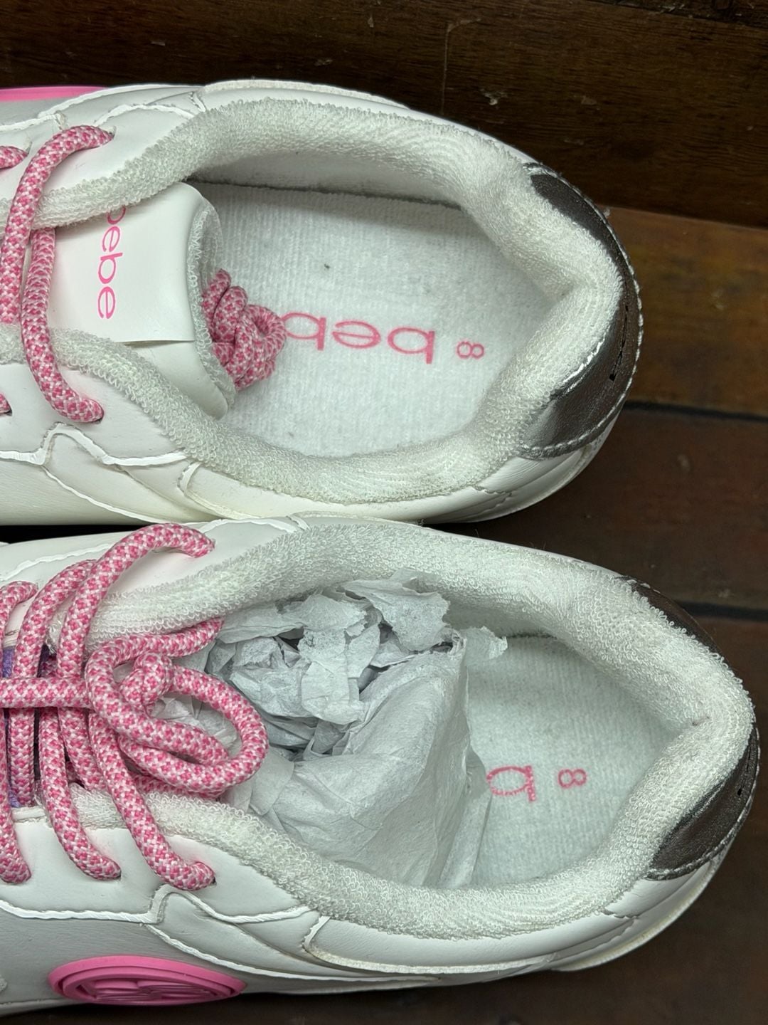 Bebe Sneakers Shoes White Pink Purple Metallic Size 8 6