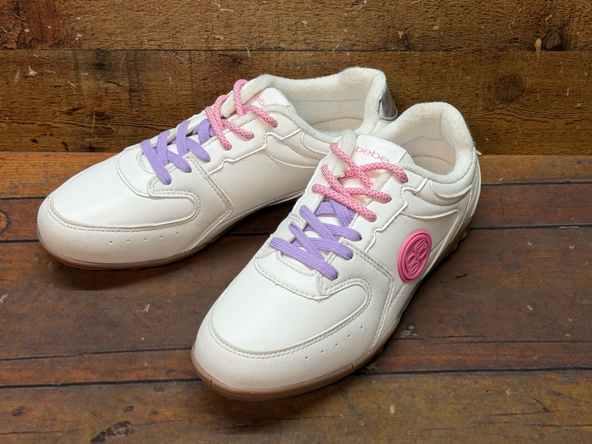 Bebe Sneakers Shoes White Pink Purple Metallic Size 8 9