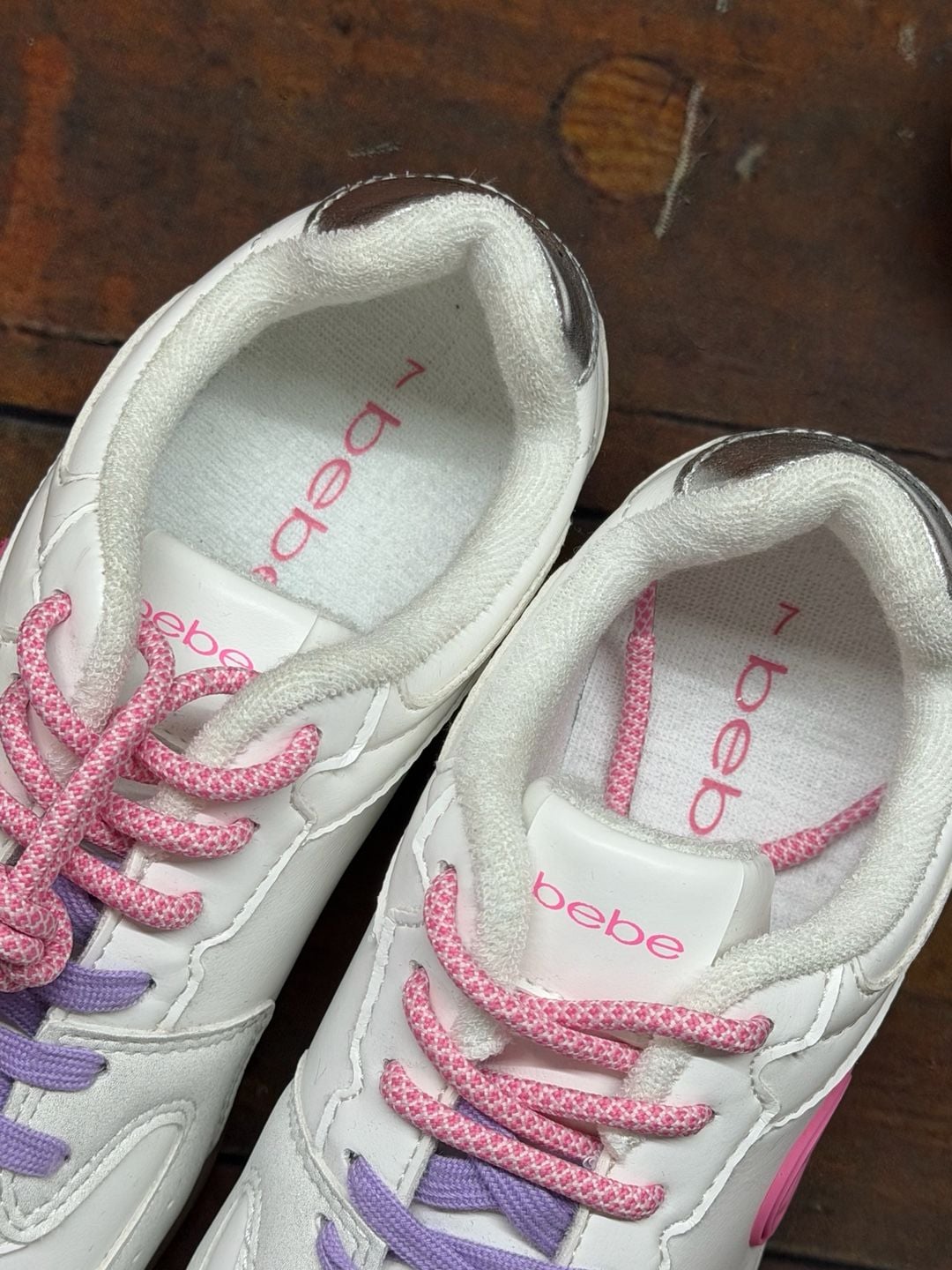 Bebe White Pink Purple women Sneakers Shoes size 7 5