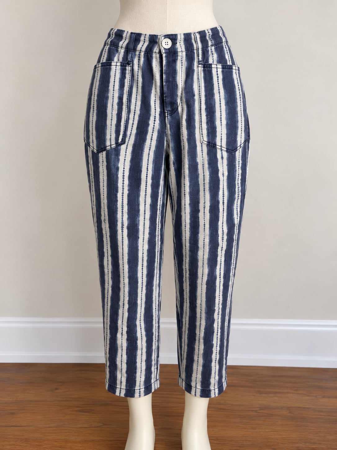 By Anthropologie Stripe Pants Size 2X Blue White 100% Cotton Cropped Trousers 2