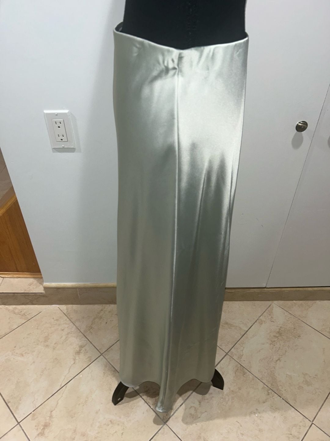 Satin Maxi Skirt Light Green Long Silk-Like Slip Skirt 3