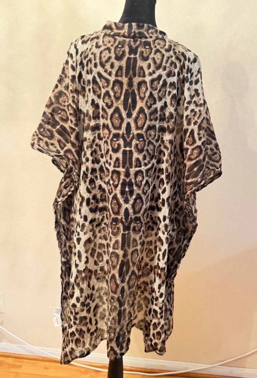 Women’s Leopard Print 100% Cotton Oversized Kaftan Tunic Cover-Up Brown 4