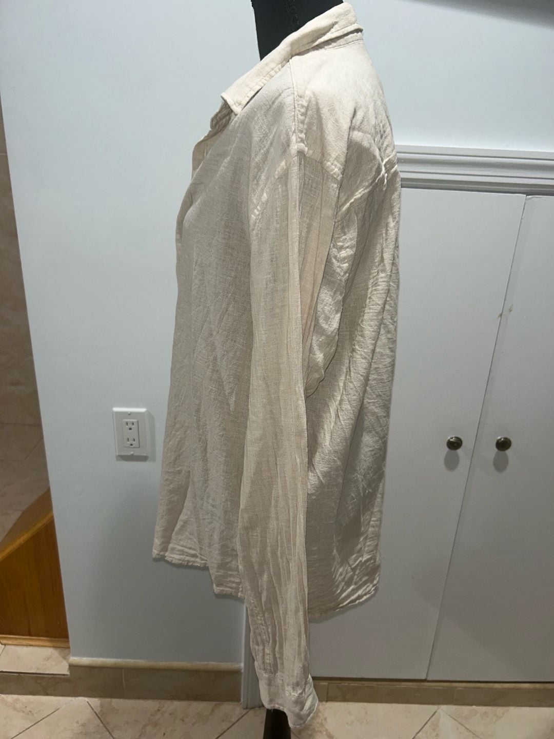 Long Sleeve Button-Down Shirt Size M Beige Linen Blend 5