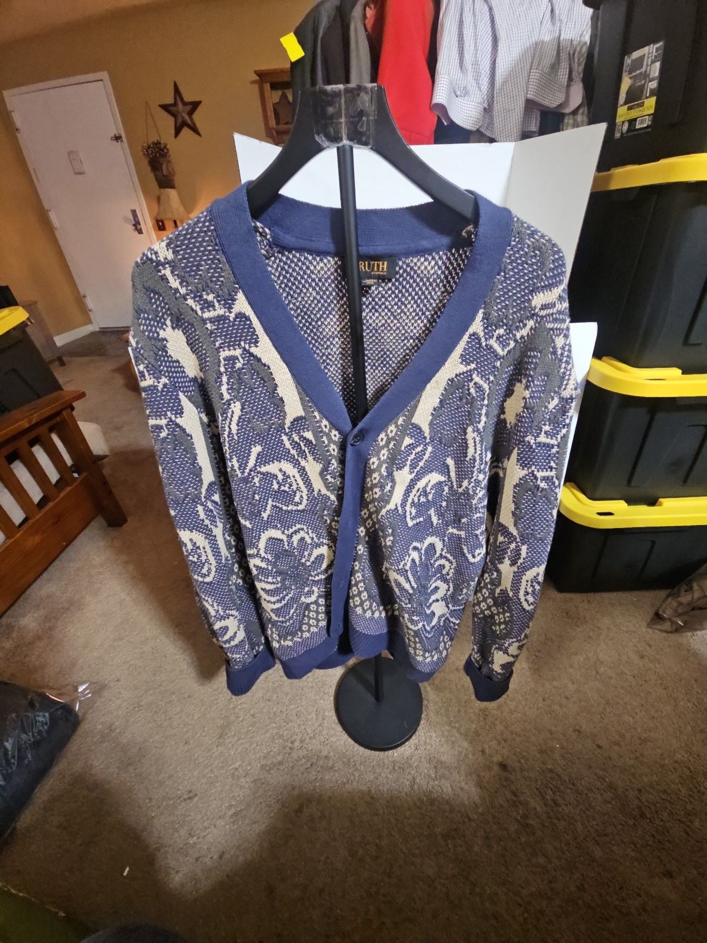 TRUTH Cardigan Sweater Size L Blue Patterned Cotton V-Neck 2