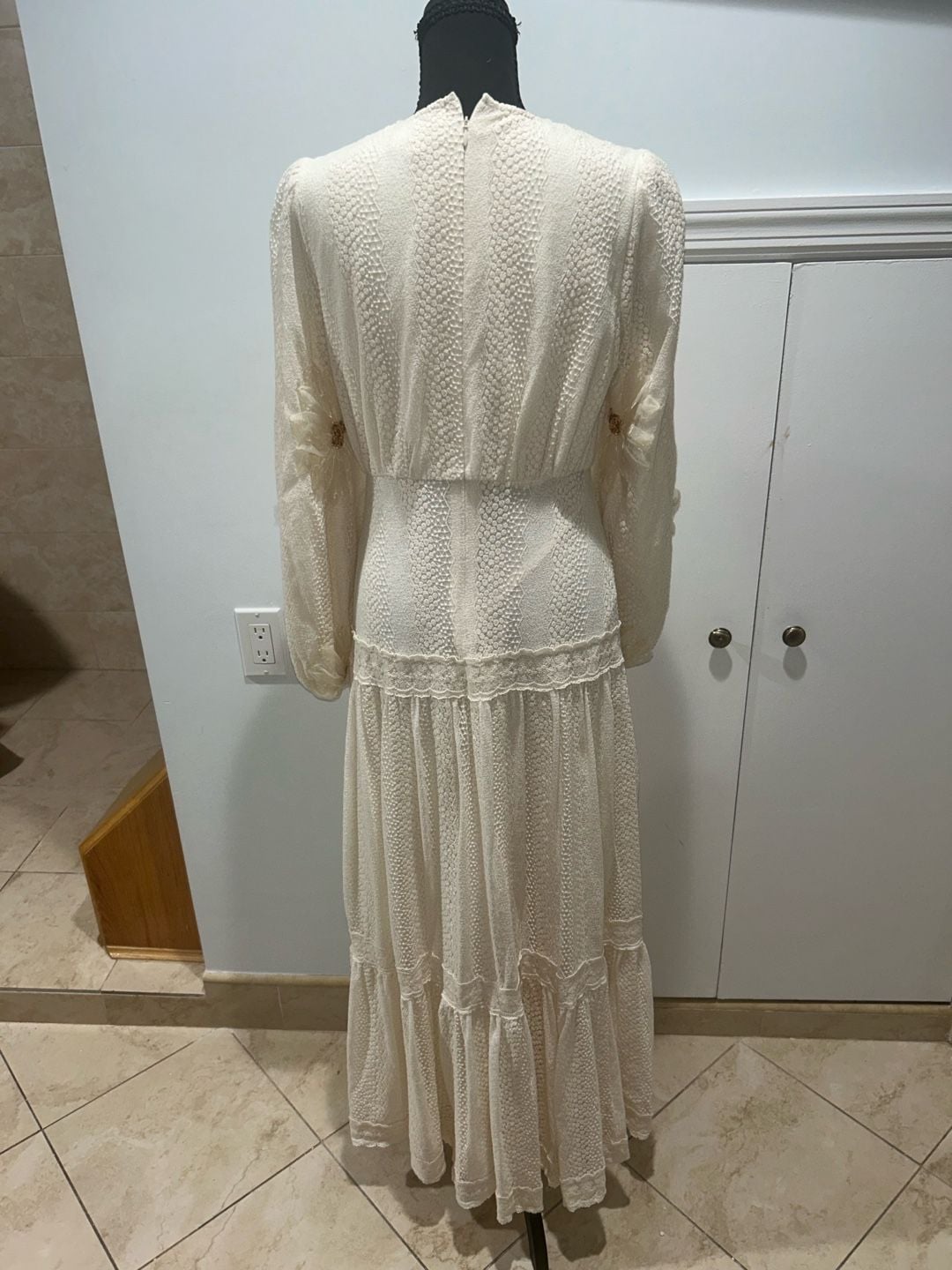 Vintage Long Sleeve Lace Floral Applique Maxi Dress Cream 4