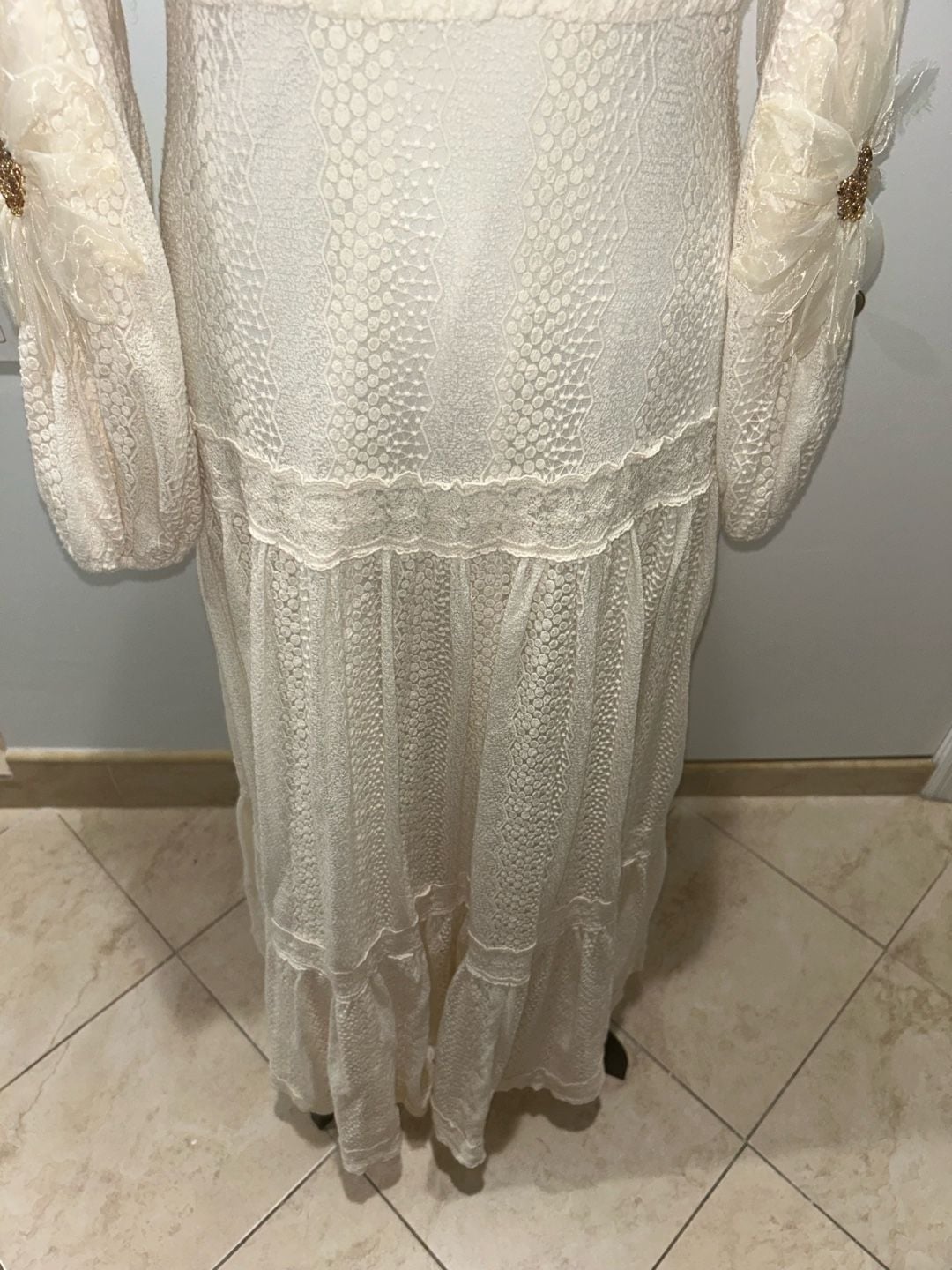 Vintage Long Sleeve Lace Floral Applique Maxi Dress Cream 6