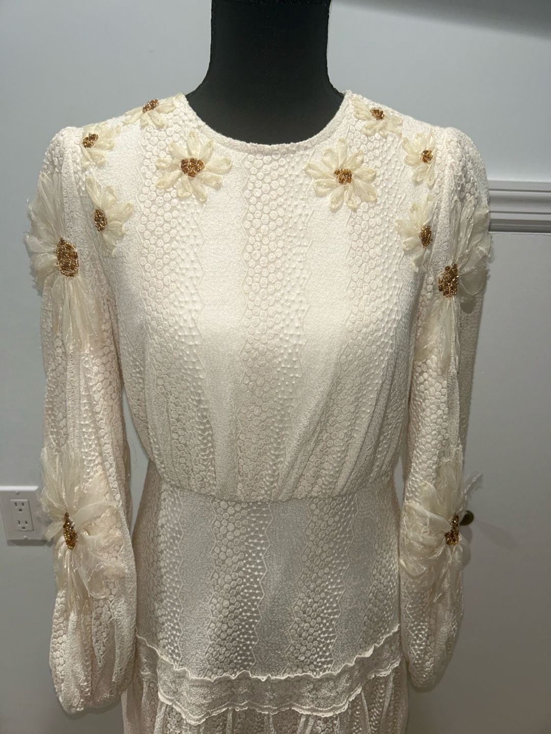 Vintage Long Sleeve Lace Floral Applique Maxi Dress Cream 7