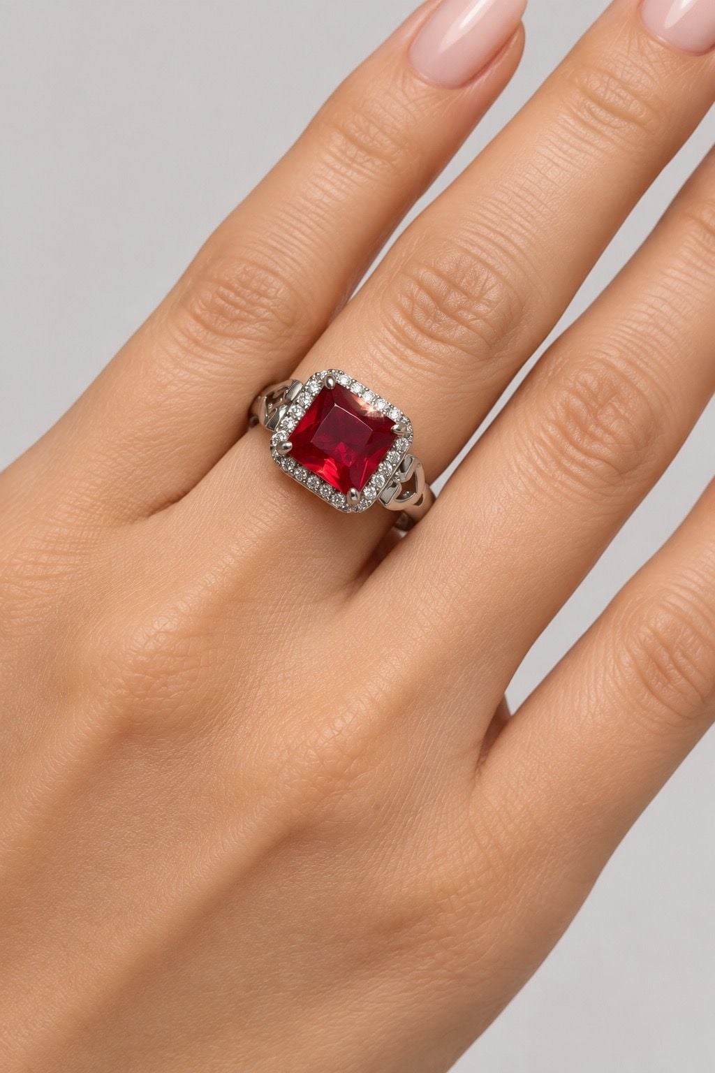 Silver Ruby Halo Heart Ring 3