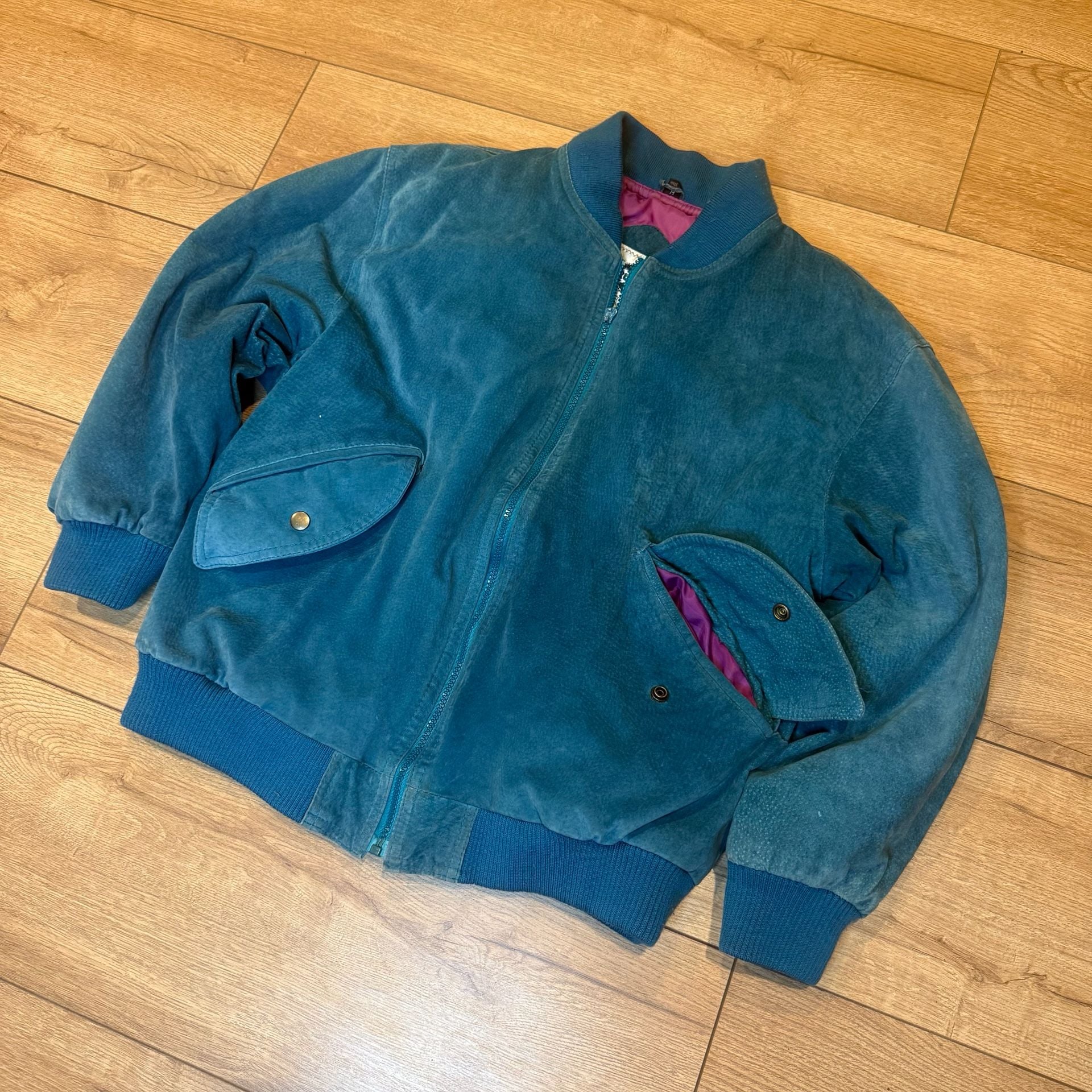 Fox Run Vintage Suede Bomber Jacket Size M Teal Leather 1