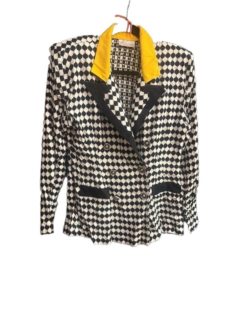 Dani Michaels Geometric Double Breasted Blazer Black White Yellow 2