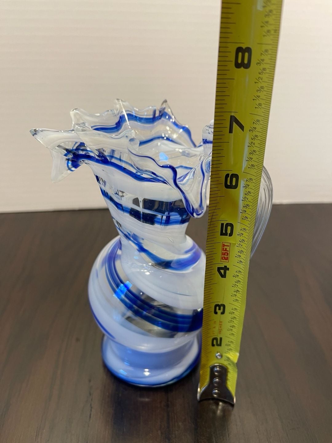Smith Glass Art Glass Blue White Ruffled Pitcher 8