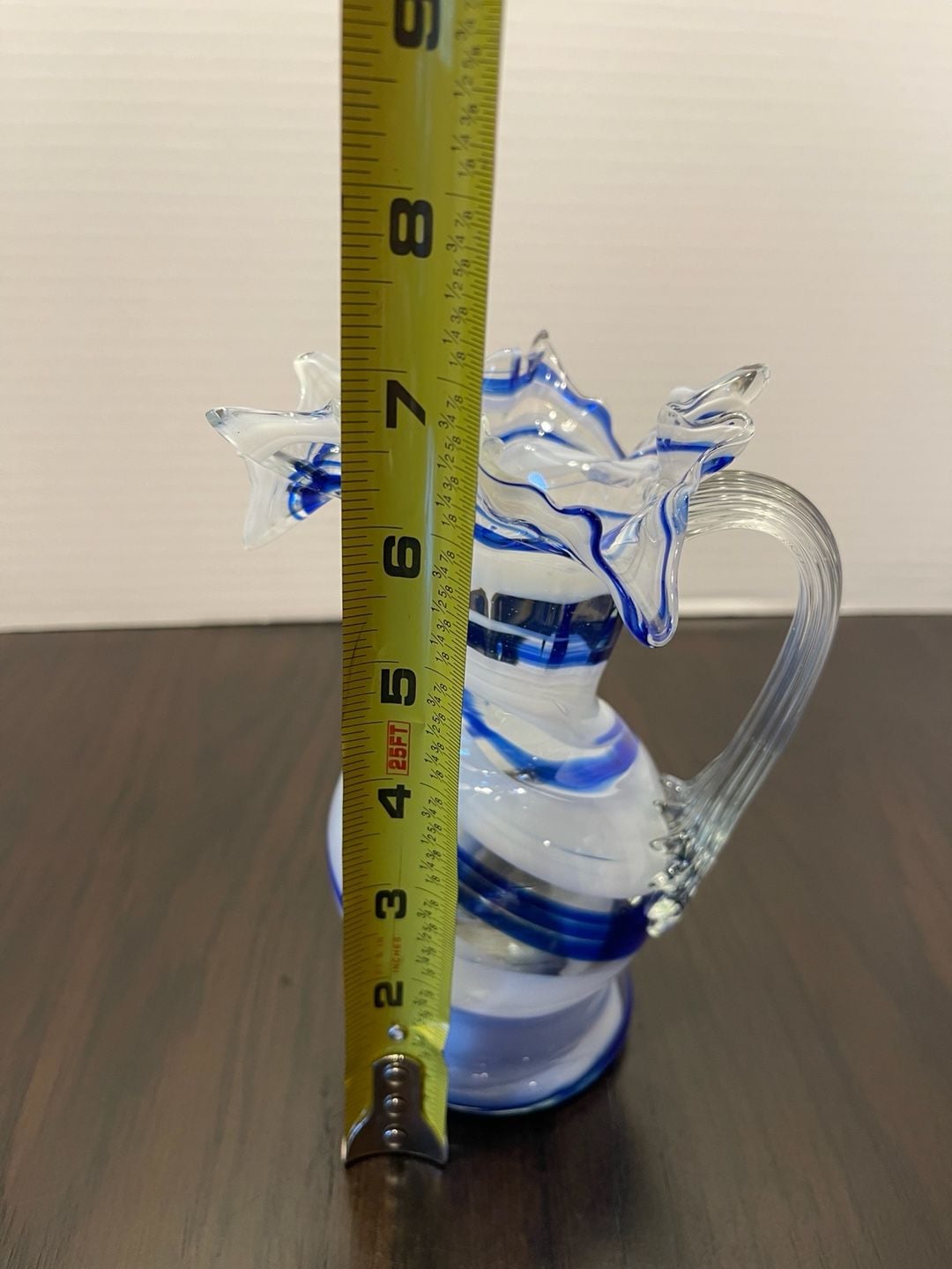 Smith Glass Art Glass Blue White Ruffled Pitcher 9