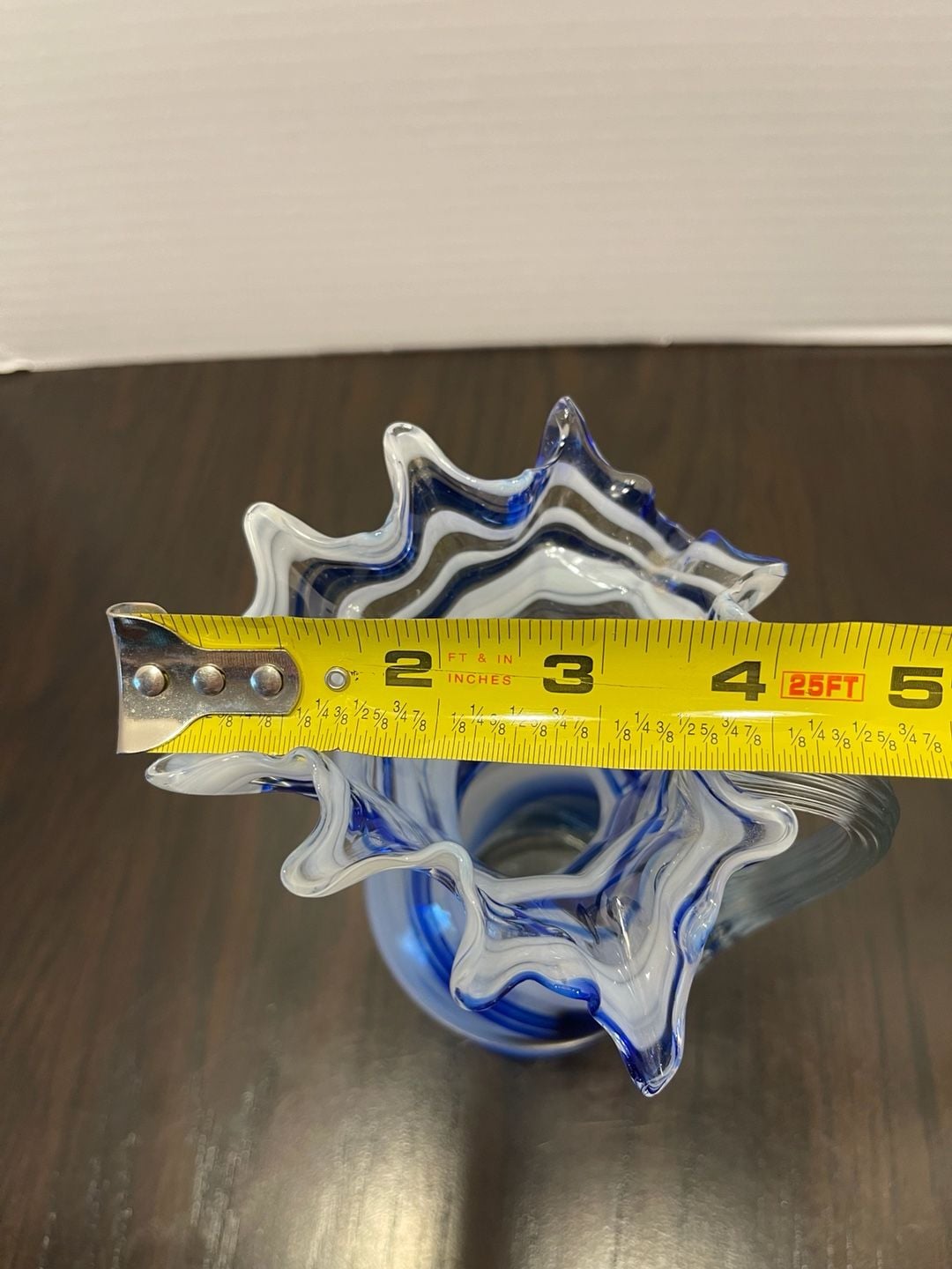 Smith Glass Art Glass Blue White Ruffled Pitcher 10