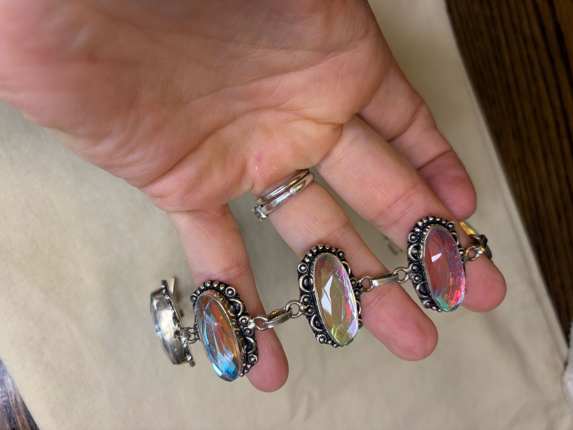Sterling Silver 925 Iridescent Aurora Borealis Crystal Statement Bracelet 2