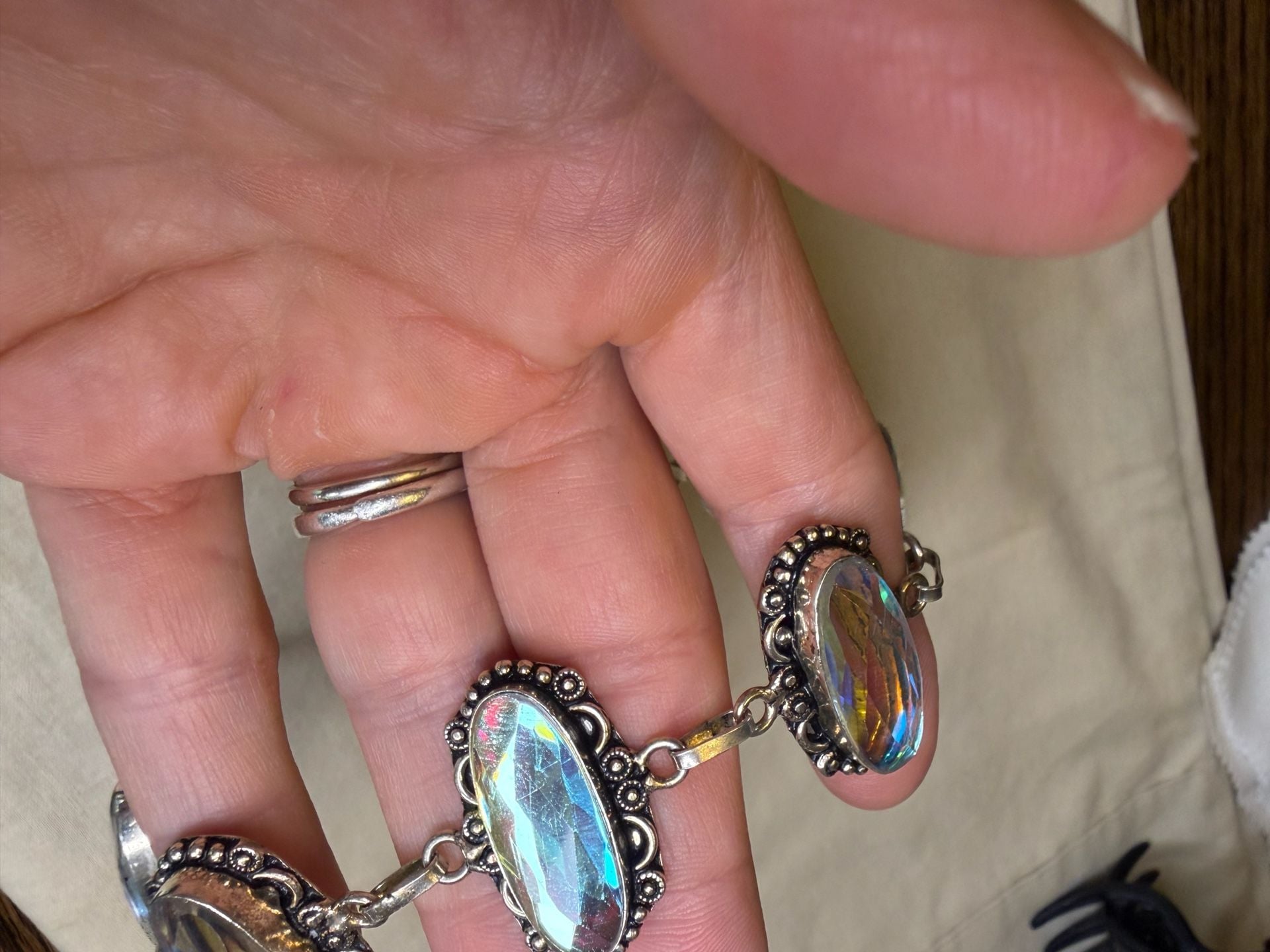 Sterling Silver 925 Iridescent Aurora Borealis Crystal Statement Bracelet 3