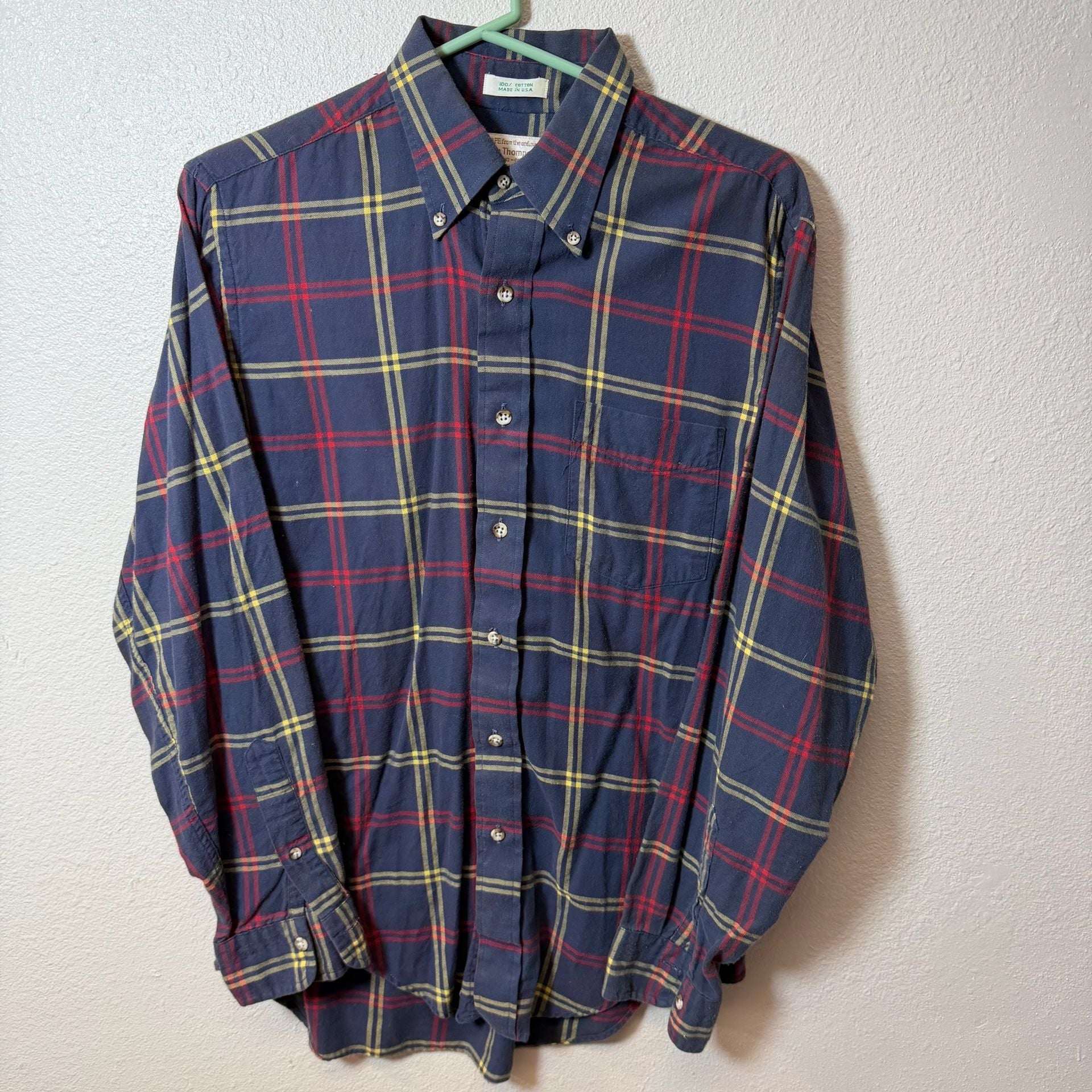 Norm Thompson Plaid Flannel Shirt Size M 15-15.5 Blue Red Cotton Made In USA 2