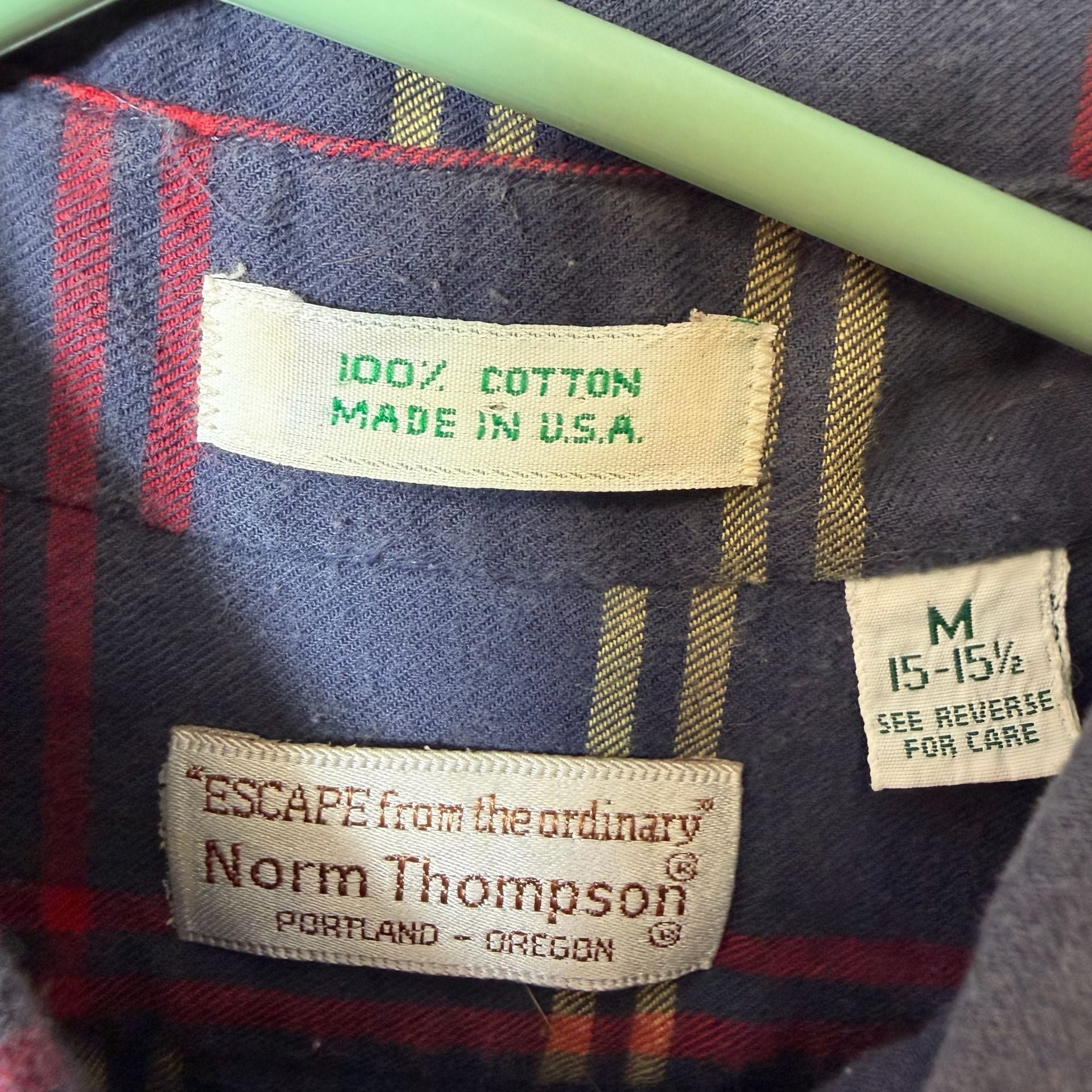 Norm Thompson Plaid Flannel Shirt Size M 15-15.5 Blue Red Cotton Made In USA 3