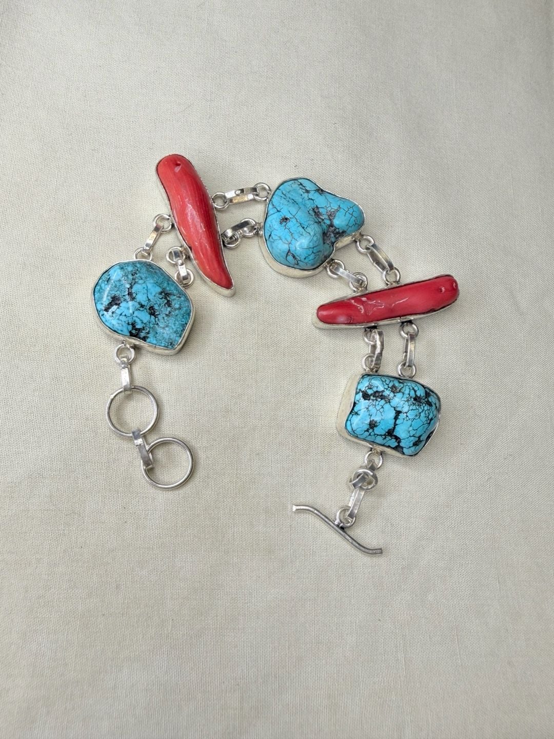 Artisan Sterling Silver Turquoise And Red Coral Link Bracelet 2