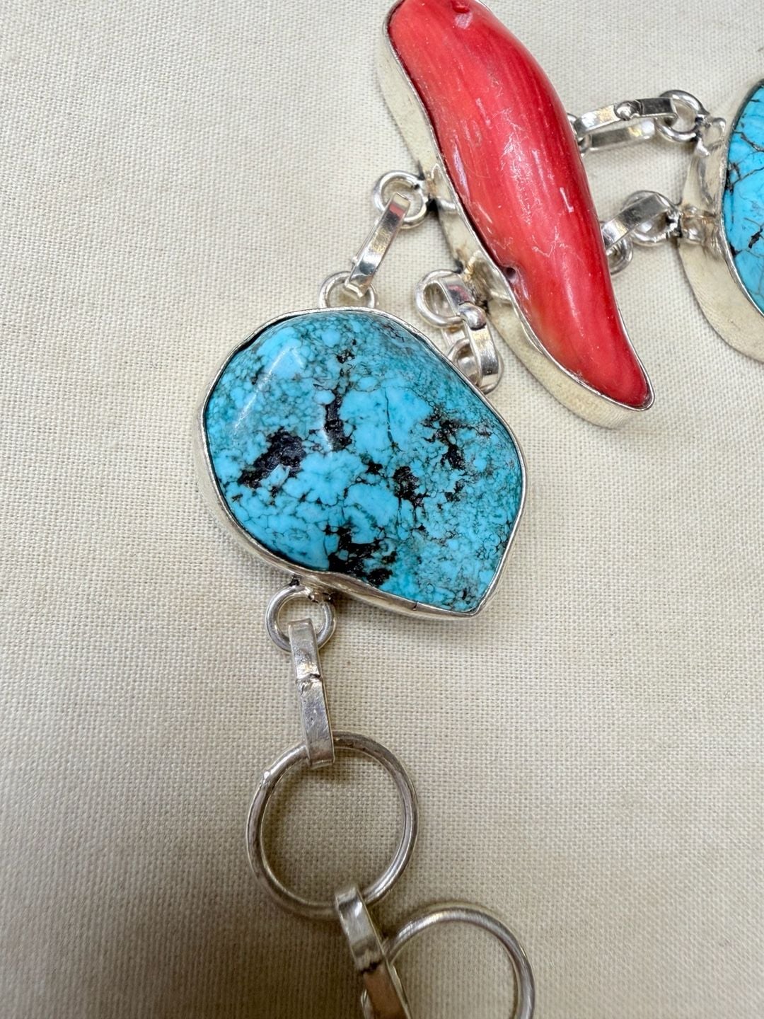 Artisan Sterling Silver Turquoise And Red Coral Link Bracelet 3