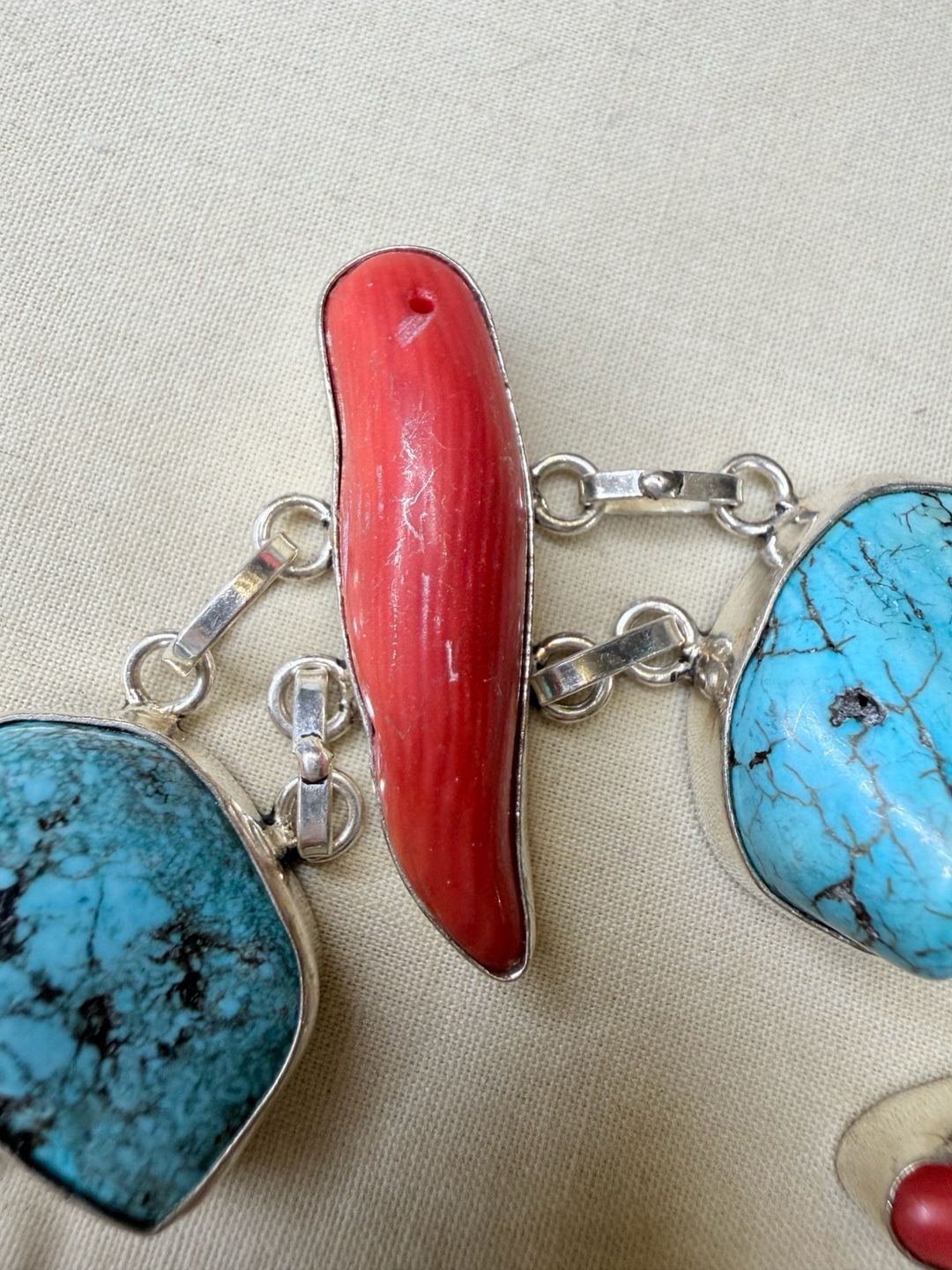 Artisan Sterling Silver Turquoise And Red Coral Link Bracelet 4