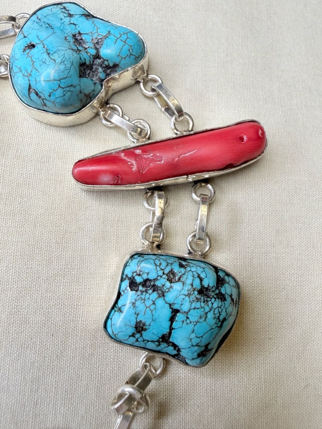 Artisan Sterling Silver Turquoise And Red Coral Link Bracelet 5
