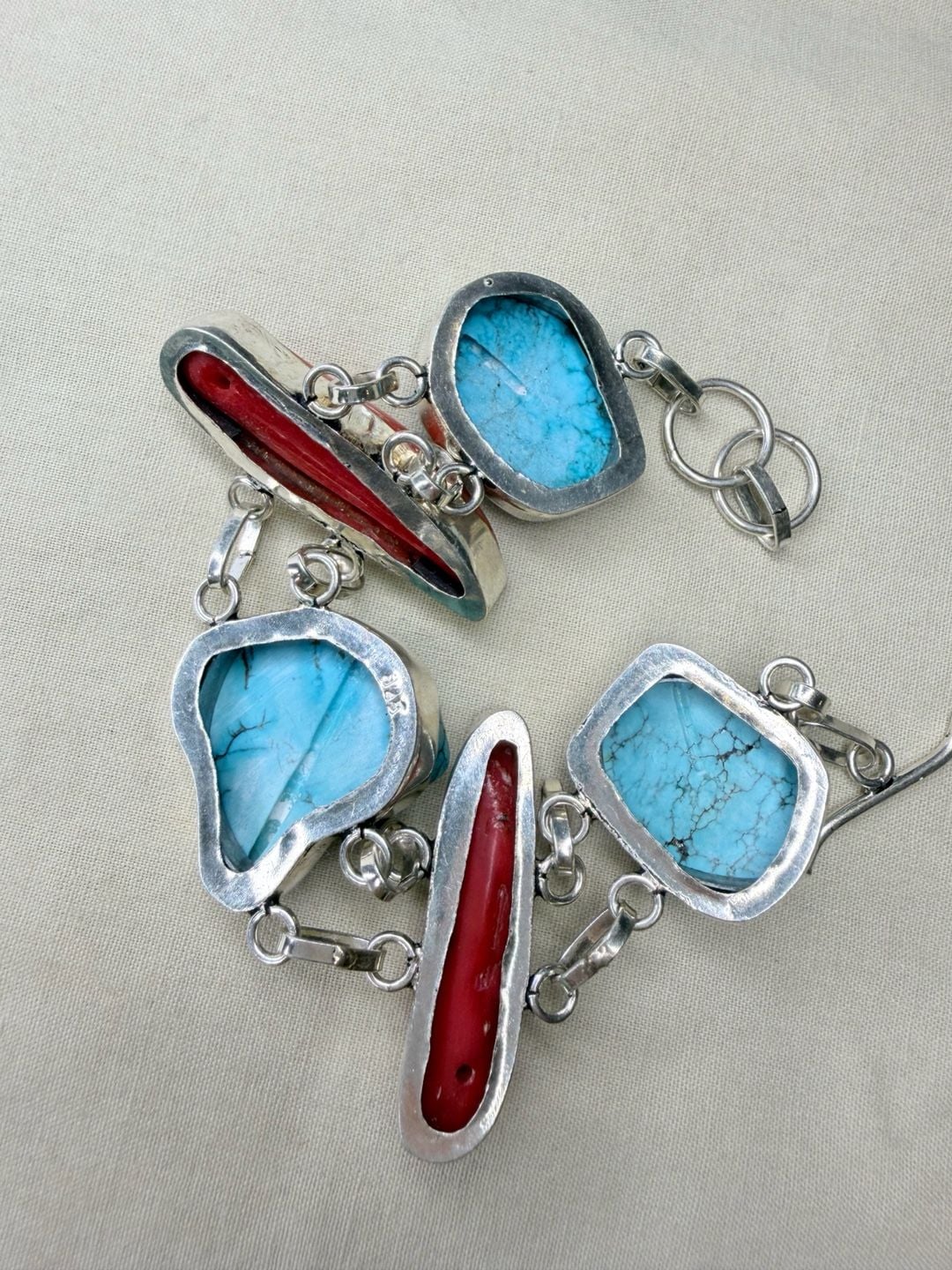 Artisan Sterling Silver Turquoise And Red Coral Link Bracelet 7