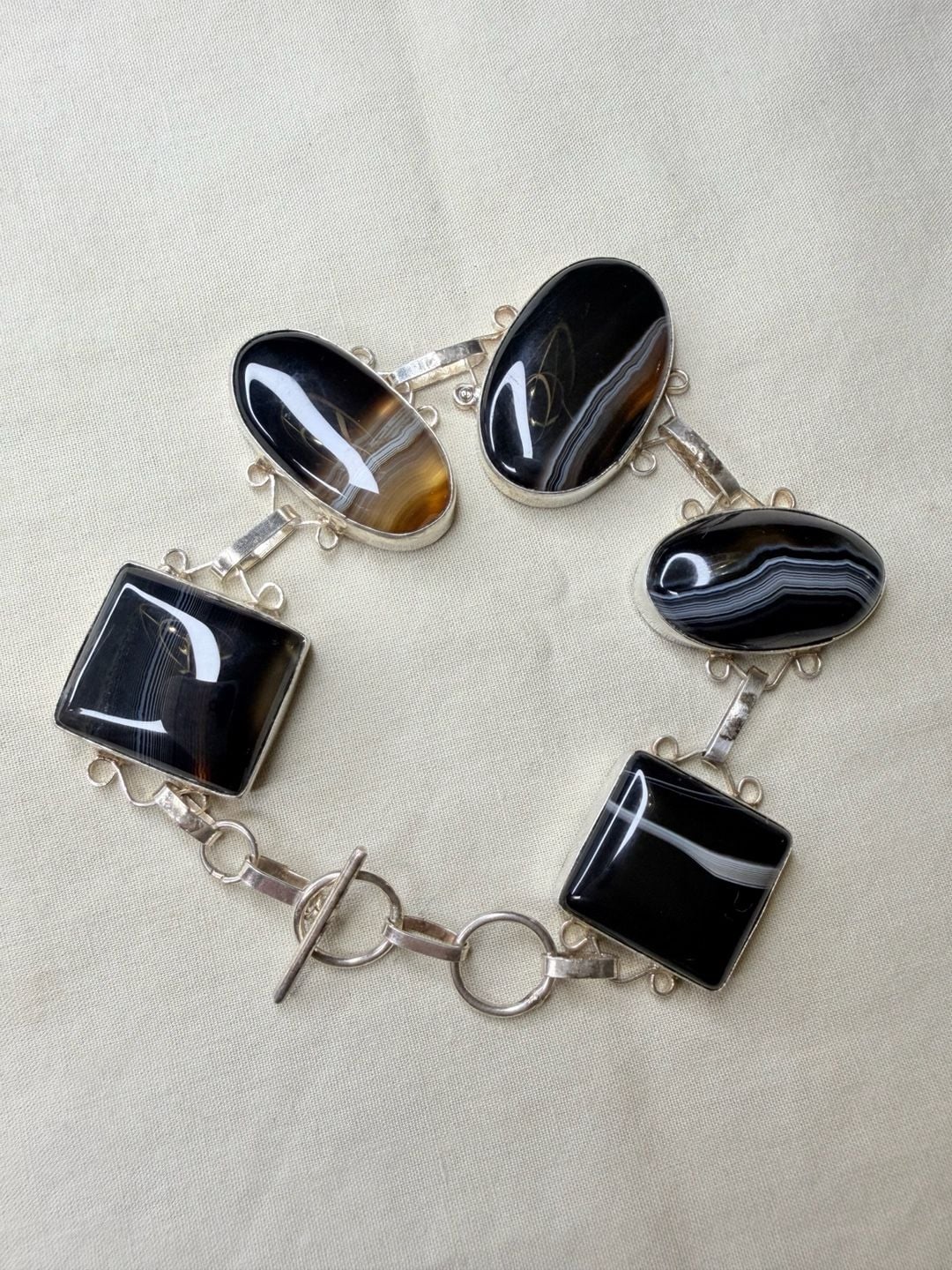Artisan Sterling Silver 925 Banded Agate Stone Toggle Bracelet 2