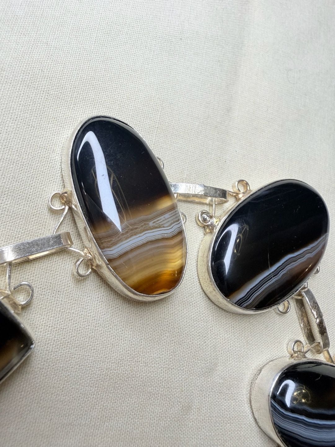 Artisan Sterling Silver 925 Banded Agate Stone Toggle Bracelet 3