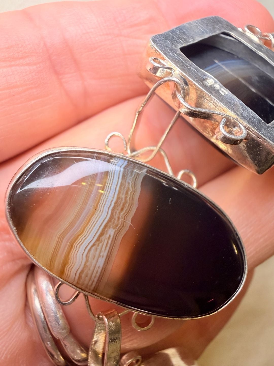Artisan Sterling Silver 925 Banded Agate Stone Toggle Bracelet 7