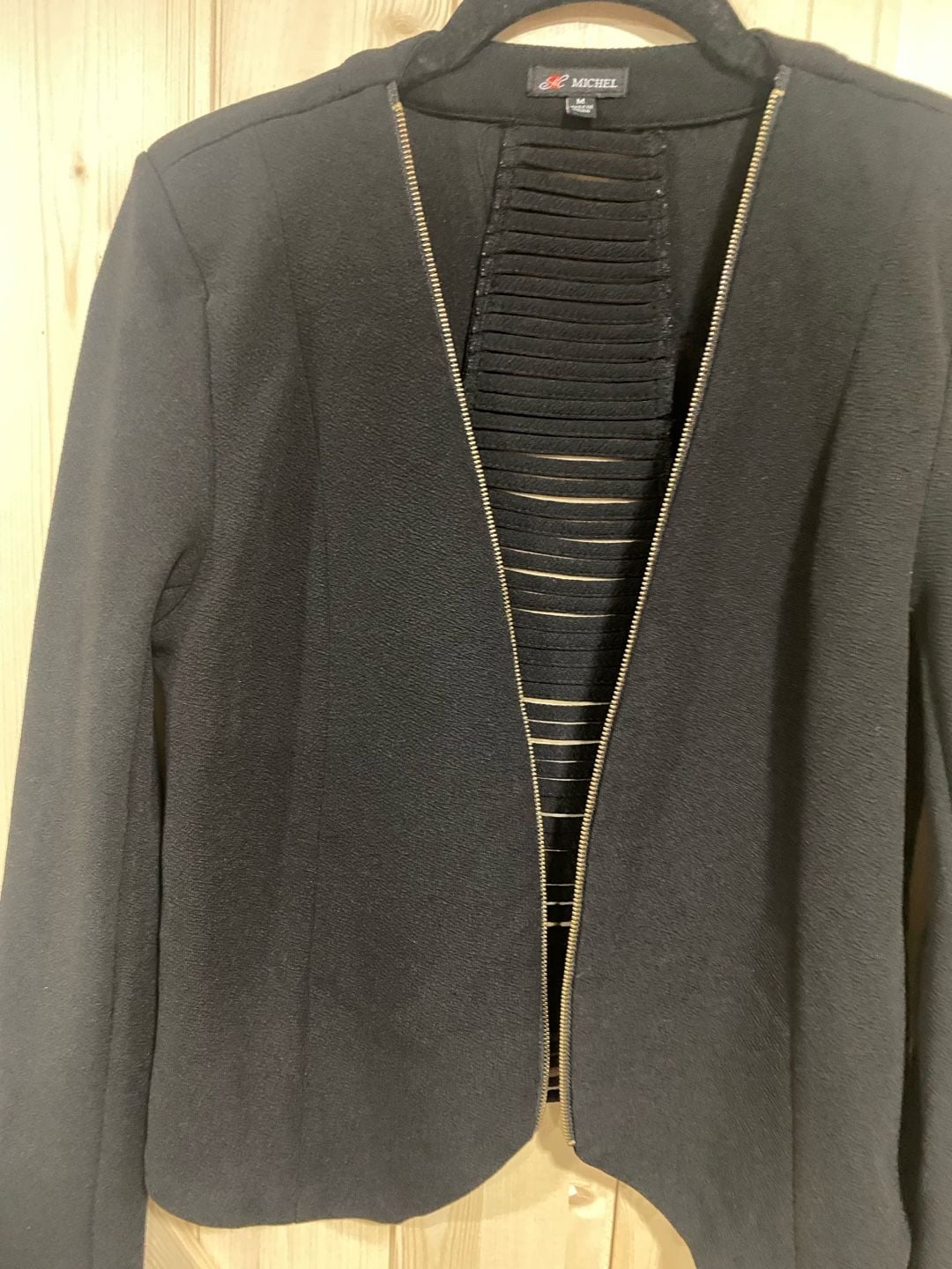 M Michel Jacket Size M Black Open Front Zip Ribbed Detail 4