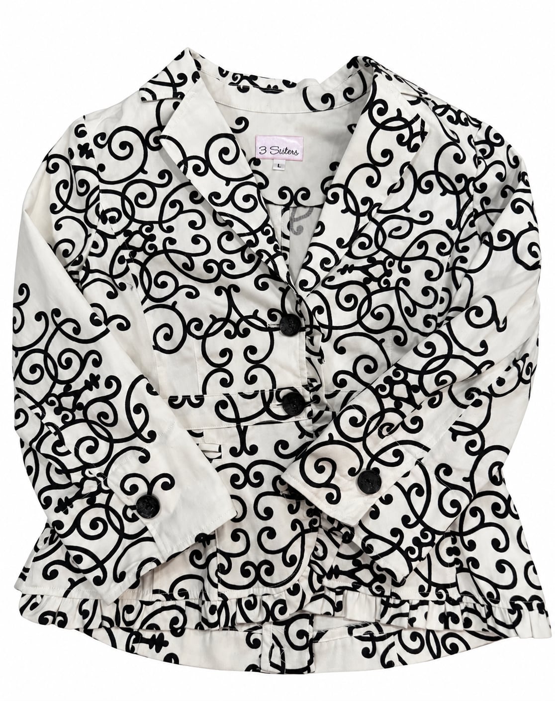 3 Sisters Womens L Black White Scroll Print Cotton Blazer Jacket Made in USA 2