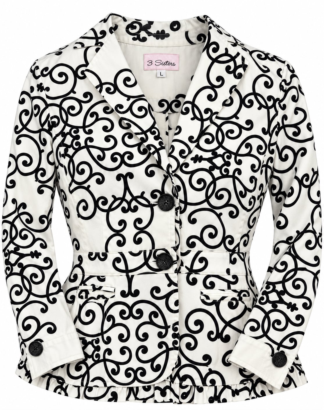 3 Sisters Womens L Black White Scroll Print Cotton Blazer Jacket Made in USA 3