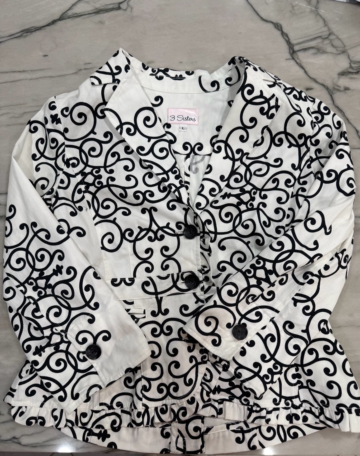 3 Sisters Womens L Black White Scroll Print Cotton Blazer Jacket Made in USA 5