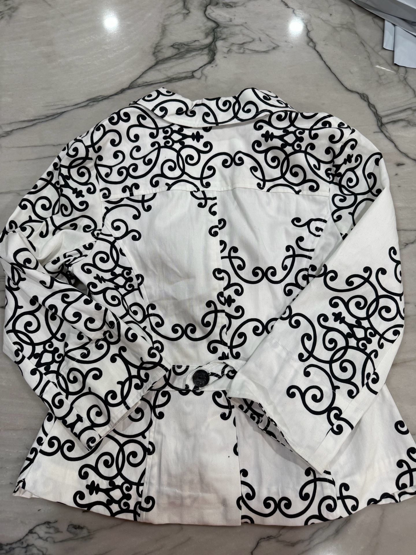 3 Sisters Womens L Black White Scroll Print Cotton Blazer Jacket Made in USA 6