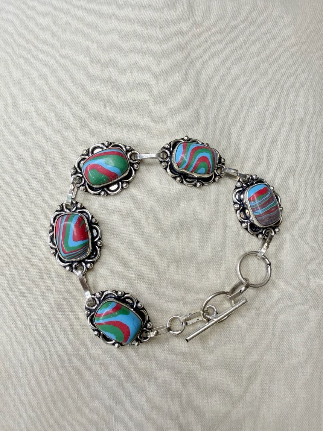 Artisan Sterling Silver 925 Multi Color Swirl Stone Toggle Bracelet 2