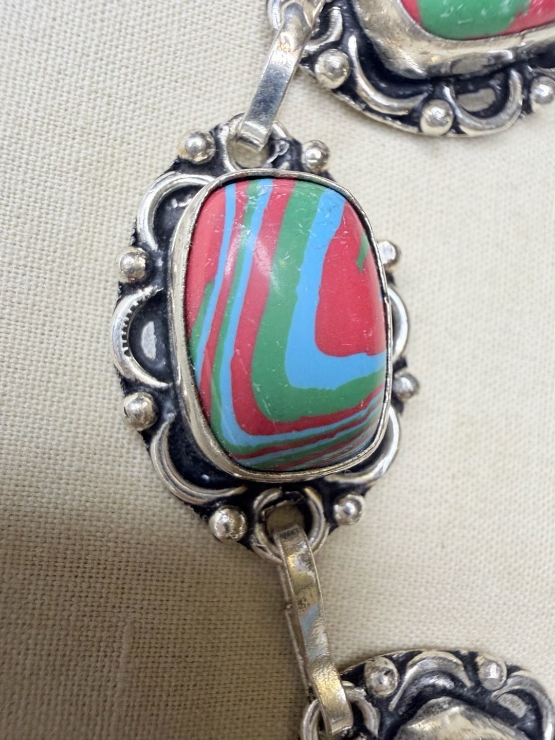 Artisan Sterling Silver 925 Multi Color Swirl Stone Toggle Bracelet 3