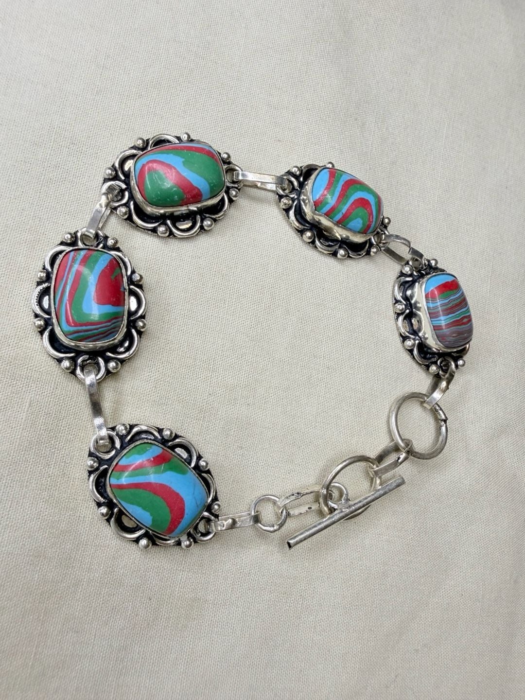 Artisan Sterling Silver 925 Multi Color Swirl Stone Toggle Bracelet 4