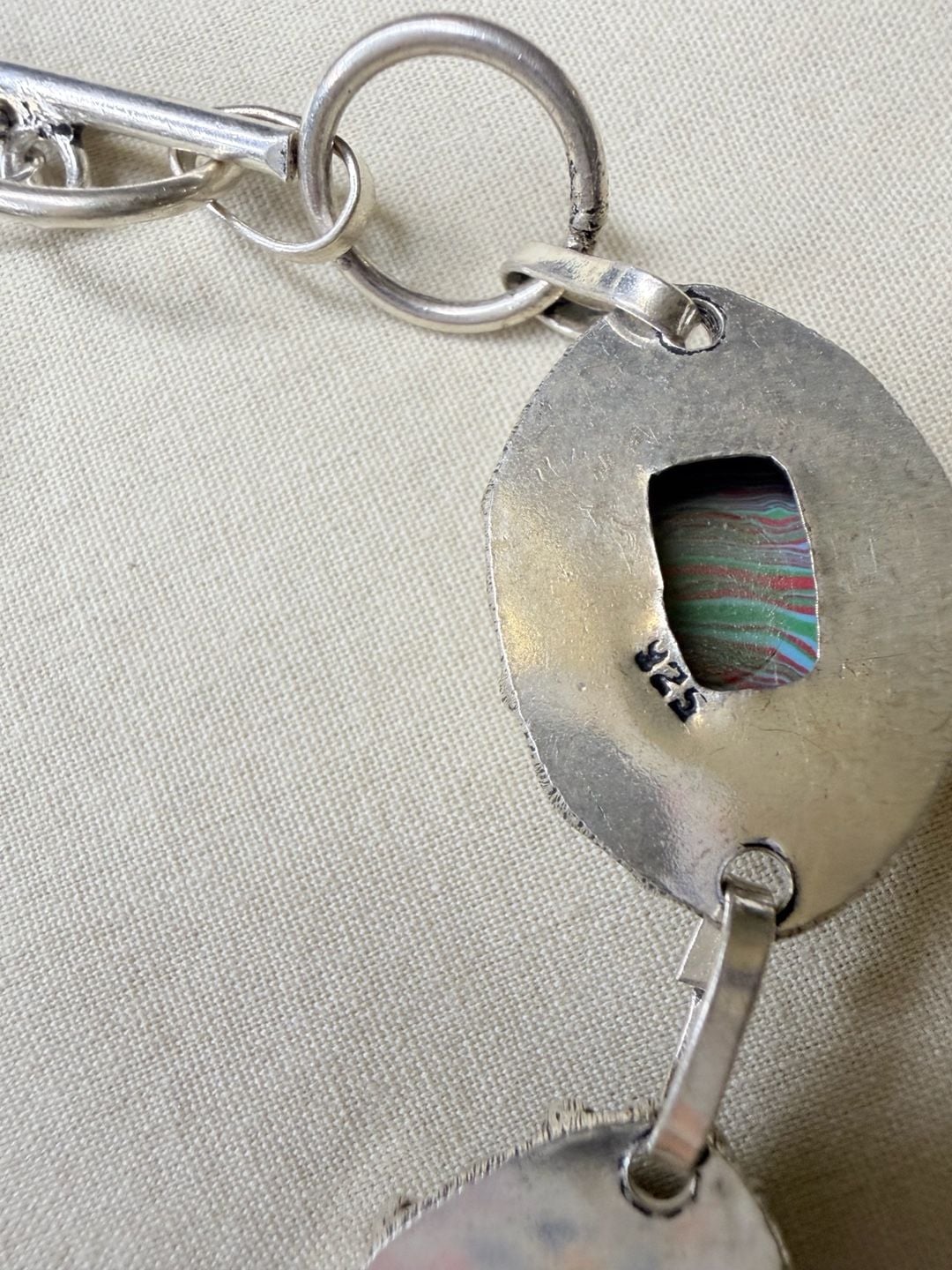 Artisan Sterling Silver 925 Multi Color Swirl Stone Toggle Bracelet 5